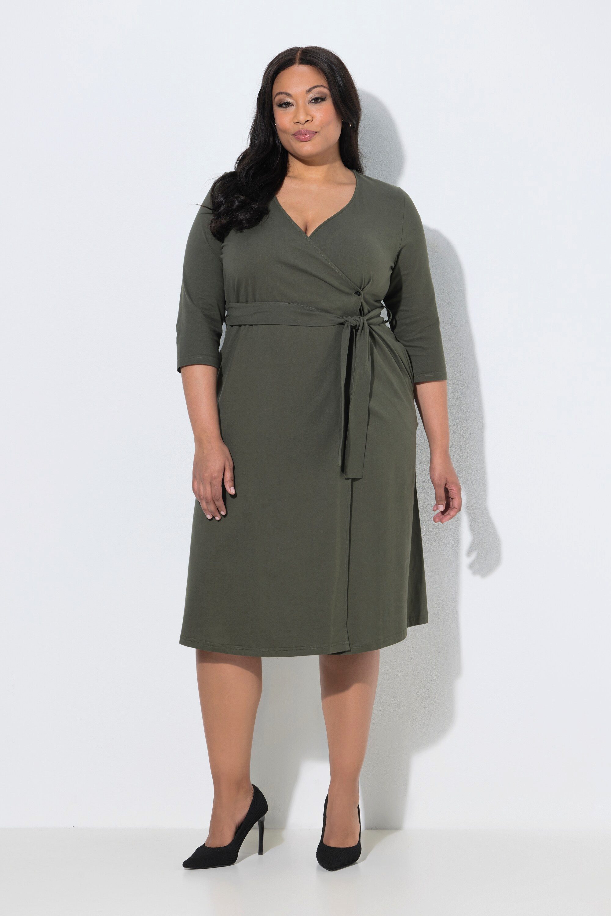 Maxikleid Wickelkleid A-Linie V-Ausschnitt 3/4-Arm Taschen
