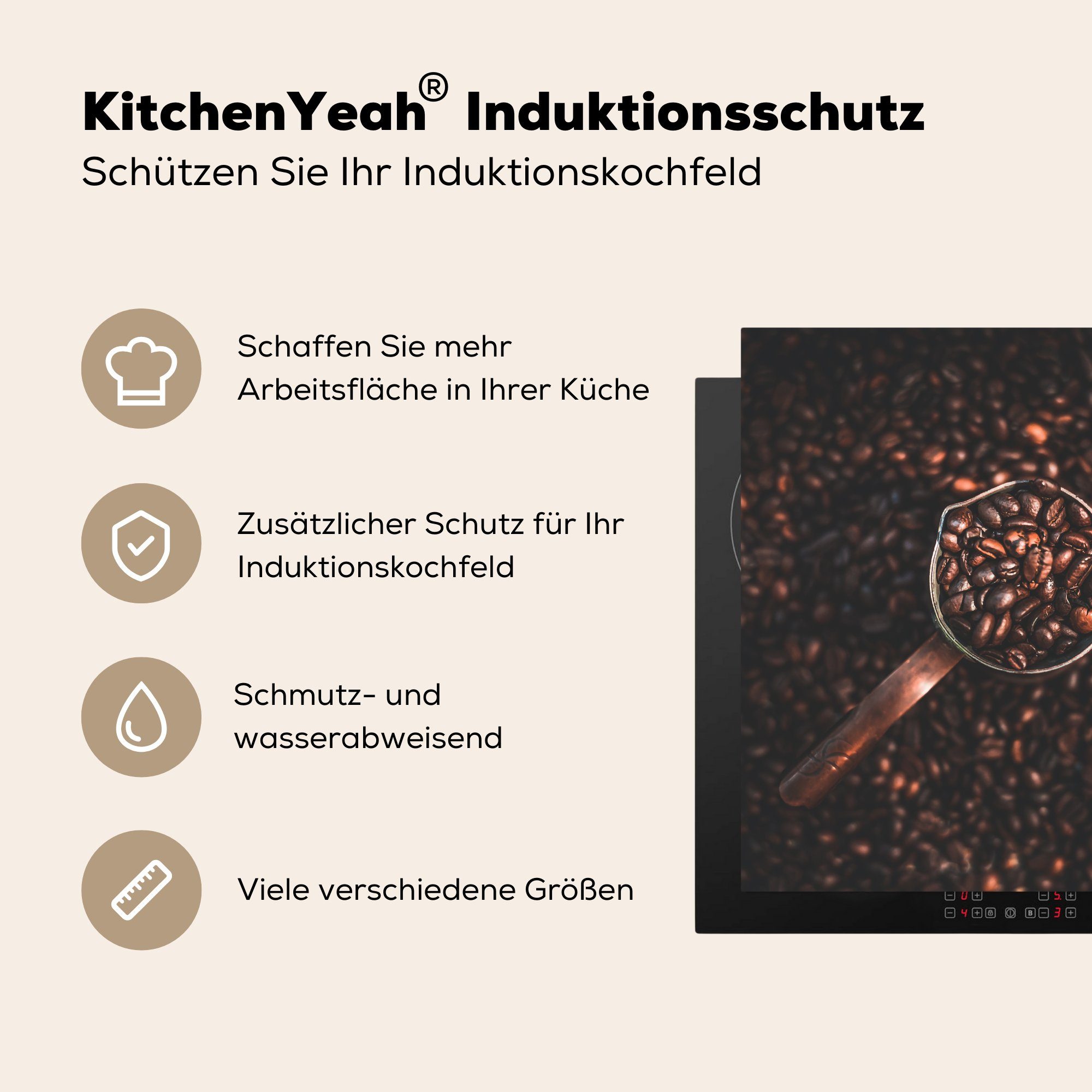 78x78 tlg), cm, MuchoWow Kaffeebohnen in einer küche für (1 Herdblende-/Abdeckplatte Arbeitsplatte Vinyl, Kaffeekanne, Ceranfeldabdeckung,
