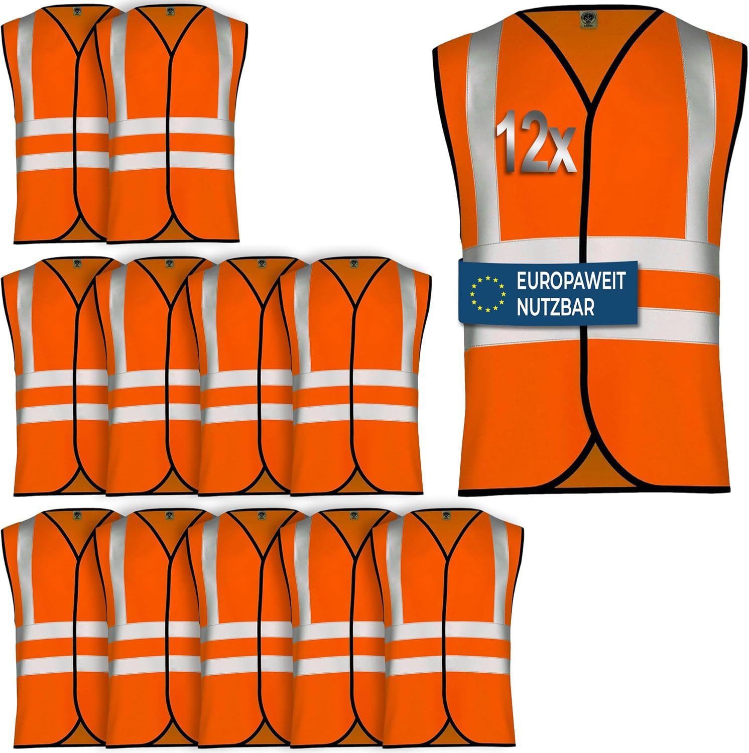 OMKA Warnweste OKWW001 12er-Pack (Spar-Set, 12er-Pack) 12x Warnweste Sicherheitsweste Auto Sicherheitswarnweste Pannenweste