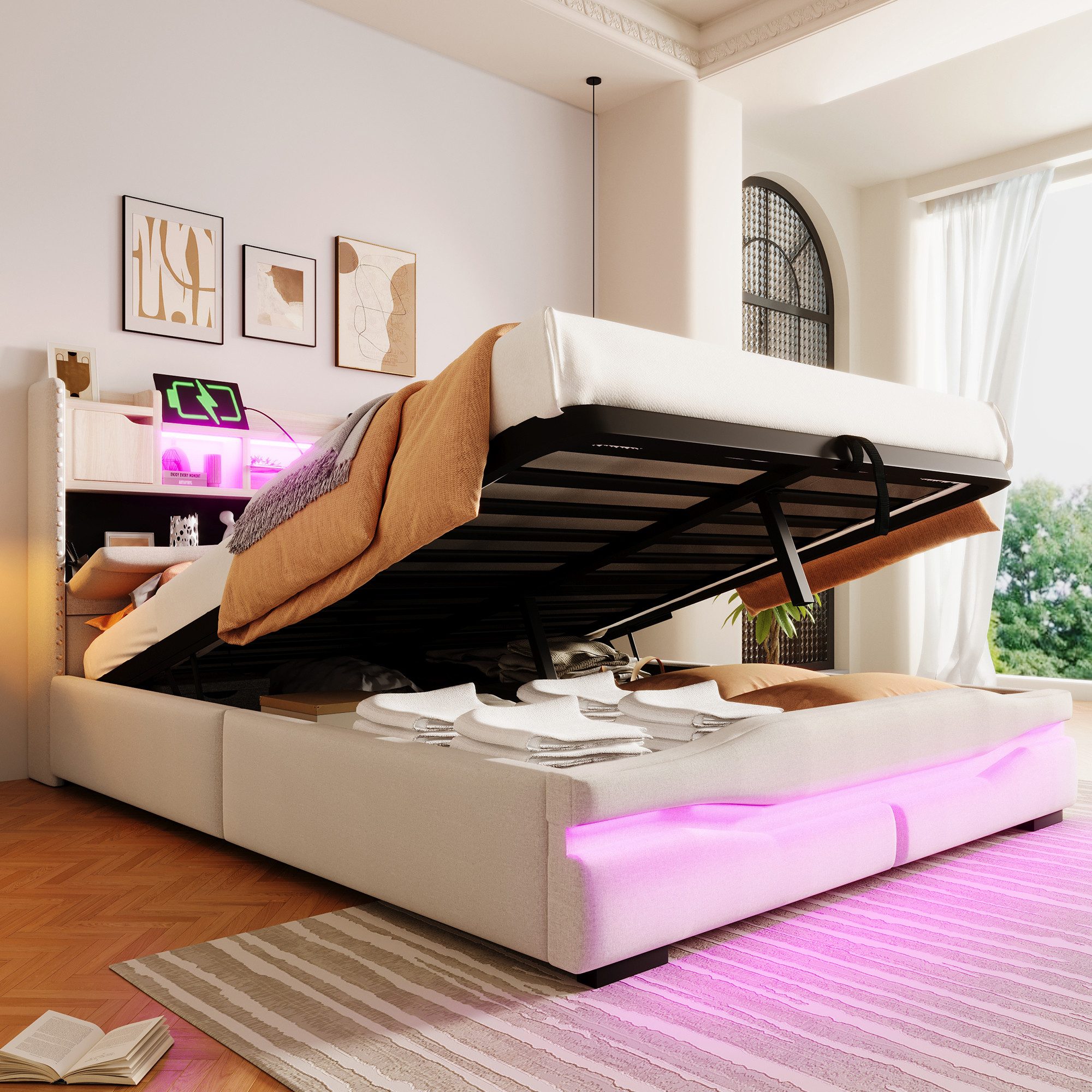 Odikalo Stauraumbett Jugendbett Polsterbett USB Kopfteil Hydraulik 140/160x günstig online kaufen