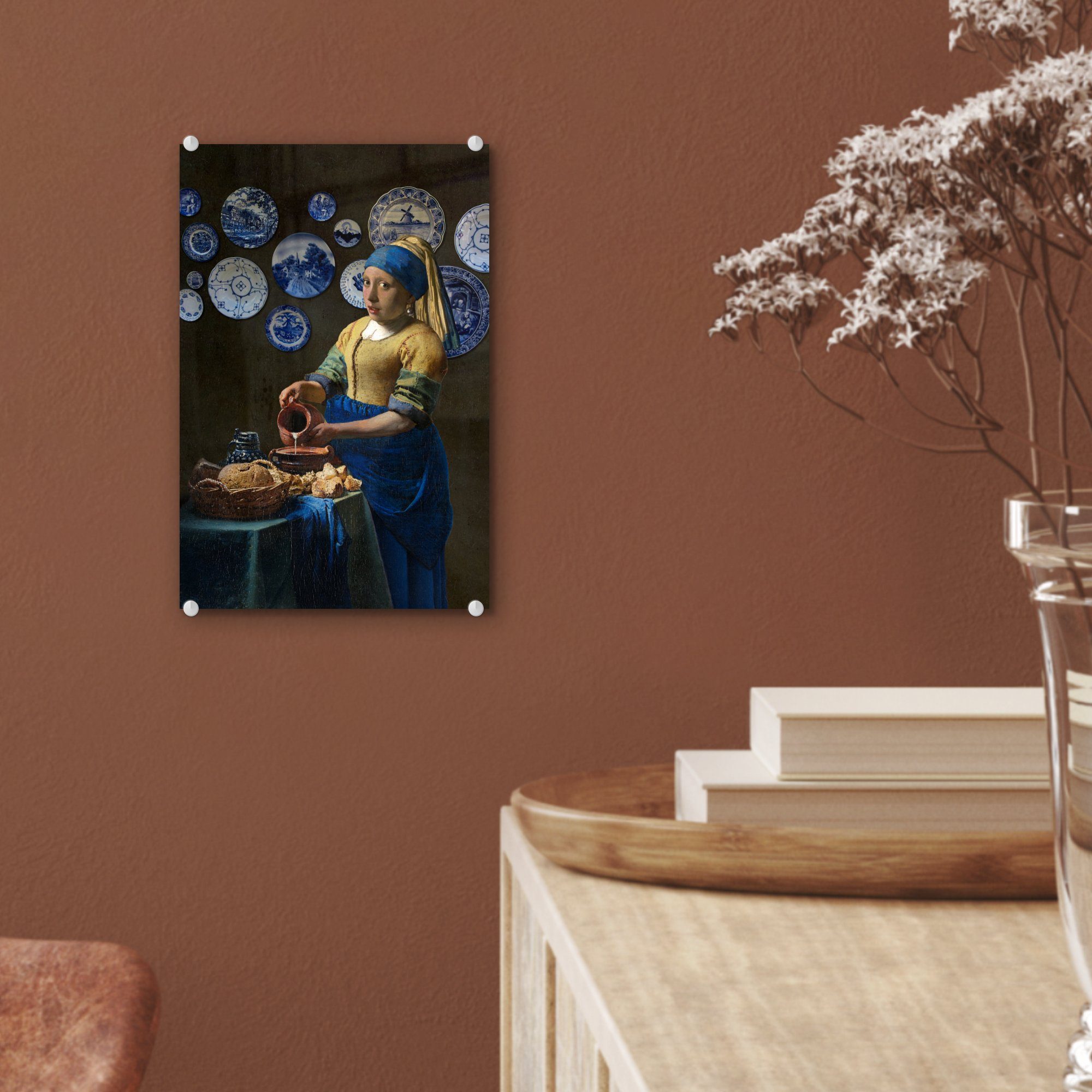 Glas - Wandbild Milchmädchen - Bilder Perlenohrring, Acrylglasbild Das Vermeer dem Wanddekoration (1 auf - - Glasbilder St), MuchoWow - Foto auf Mädchen mit Glas