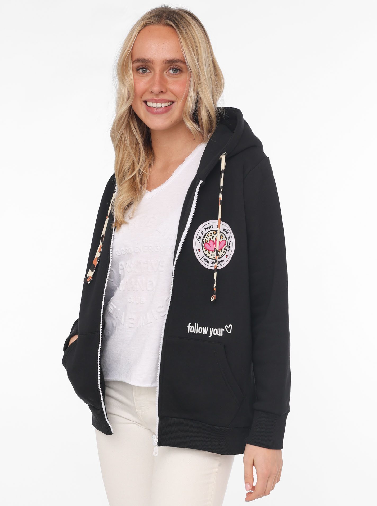 Zwillingsherz Kapuzensweatjacke mit Bindebändern in Leo-Optik