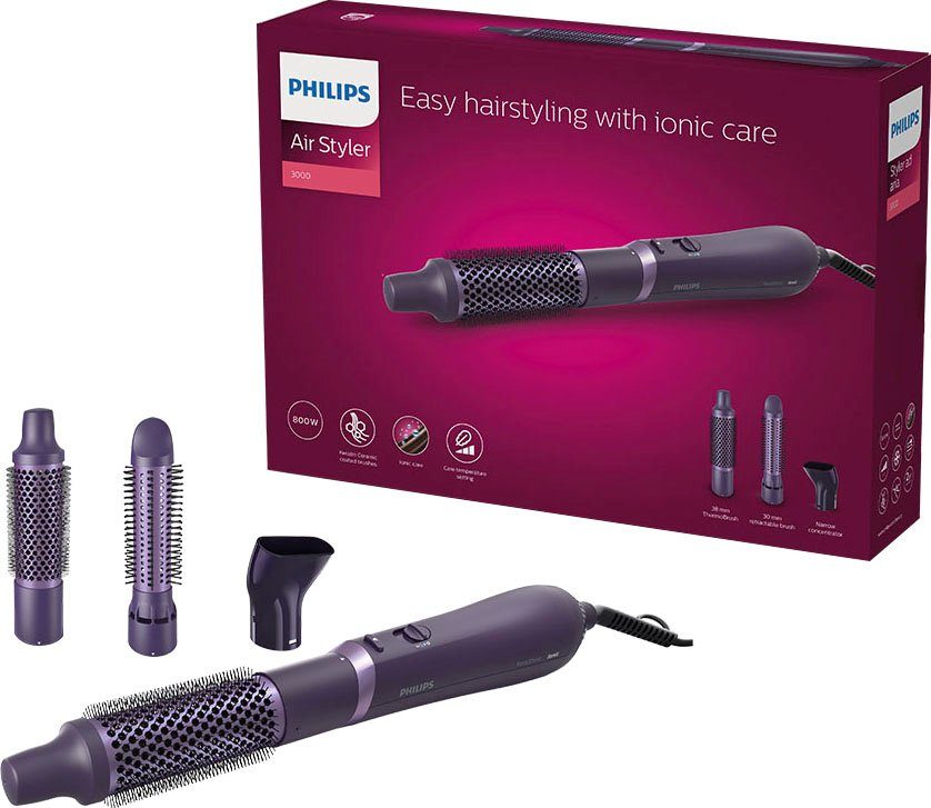 Philips Warmluftbürste AirStyler Series 3000 BHA305/00, mit Ionen-Technologie, Keratin-Keramikbeschichtung und 3 Aufsätzen grau|lila