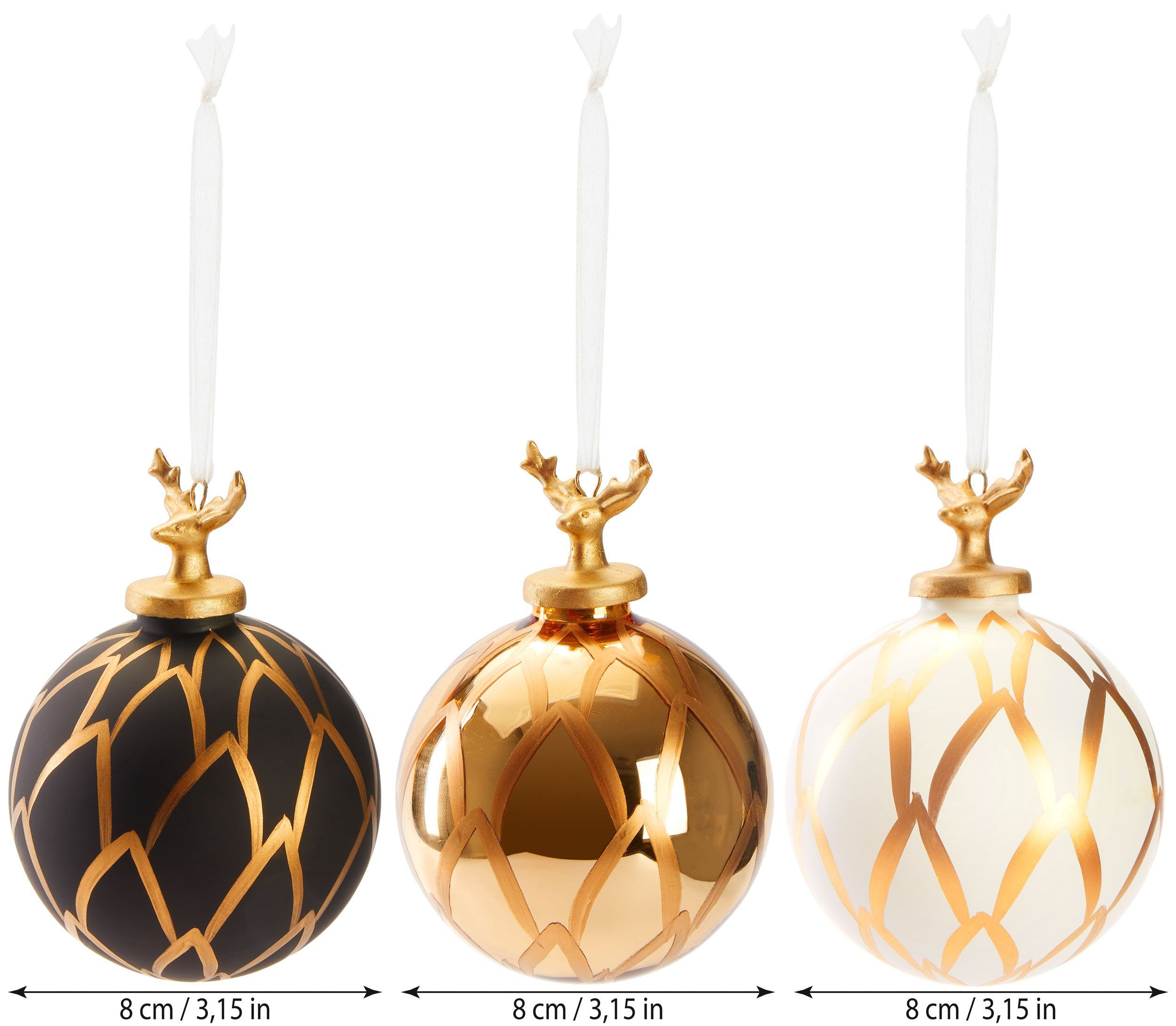 8 aus - Weihnachtsbaumkugel St), Baumkugeln BRUBAKER Glas Figuren Set Christbaumkugeln - Weihnachtskugeln cm Set Premium 3er Handbemalte Hirschkopf (3 Gold mit