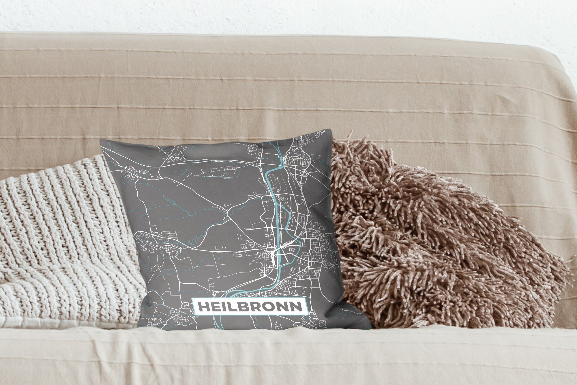 MuchoWow Dekokissen Deutschland - Heilbronn mit Stadtplan Wohzimmer, für Schlafzimmer, Karte, - - Sofakissen Füllung Deko, Zierkissen Blau 