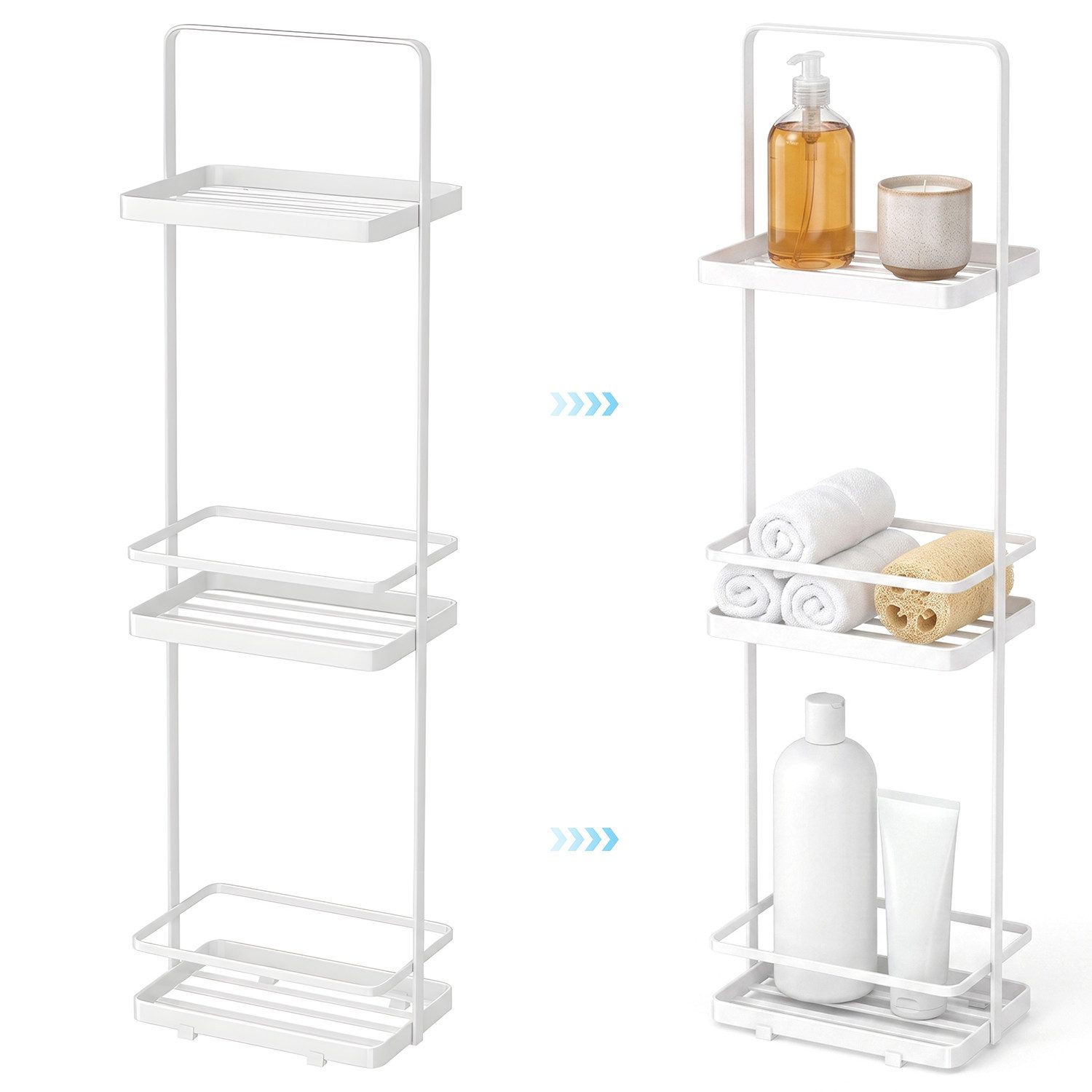 HEYHIPPO Duschablage Duschregal 3-stöckig, 67,5×12,5×18 cm, weiß, bis 6 kg, ohne Montage, Packung, Stehendes Duschregal, Eisen,Wasserableitung,für Shampoo & Handtücher