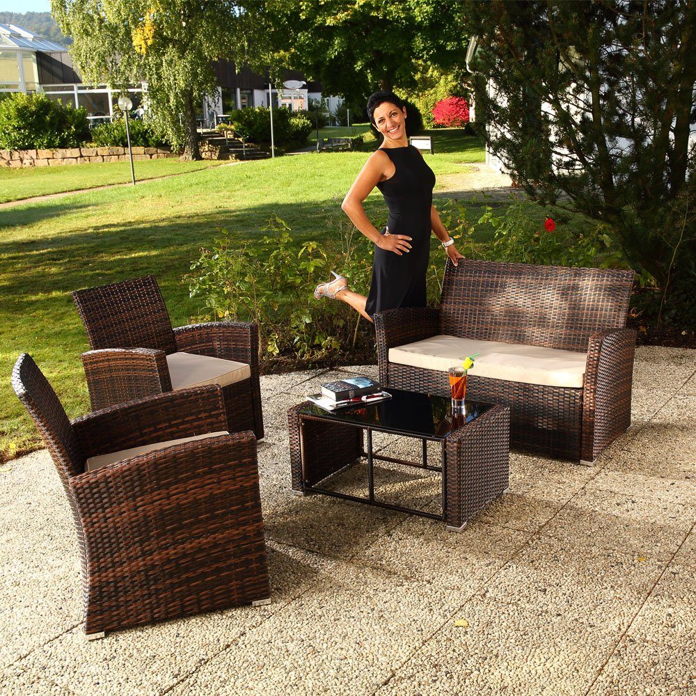 Mucola Sitzgruppe Sitzgruppe Polyrattan Gartenmöbel Set Sitzgarnitur  Gartenset Lounge, (Set, 4-tlg., 2x Stühle, 1x Tisch, 1x Bank), Polyrattan