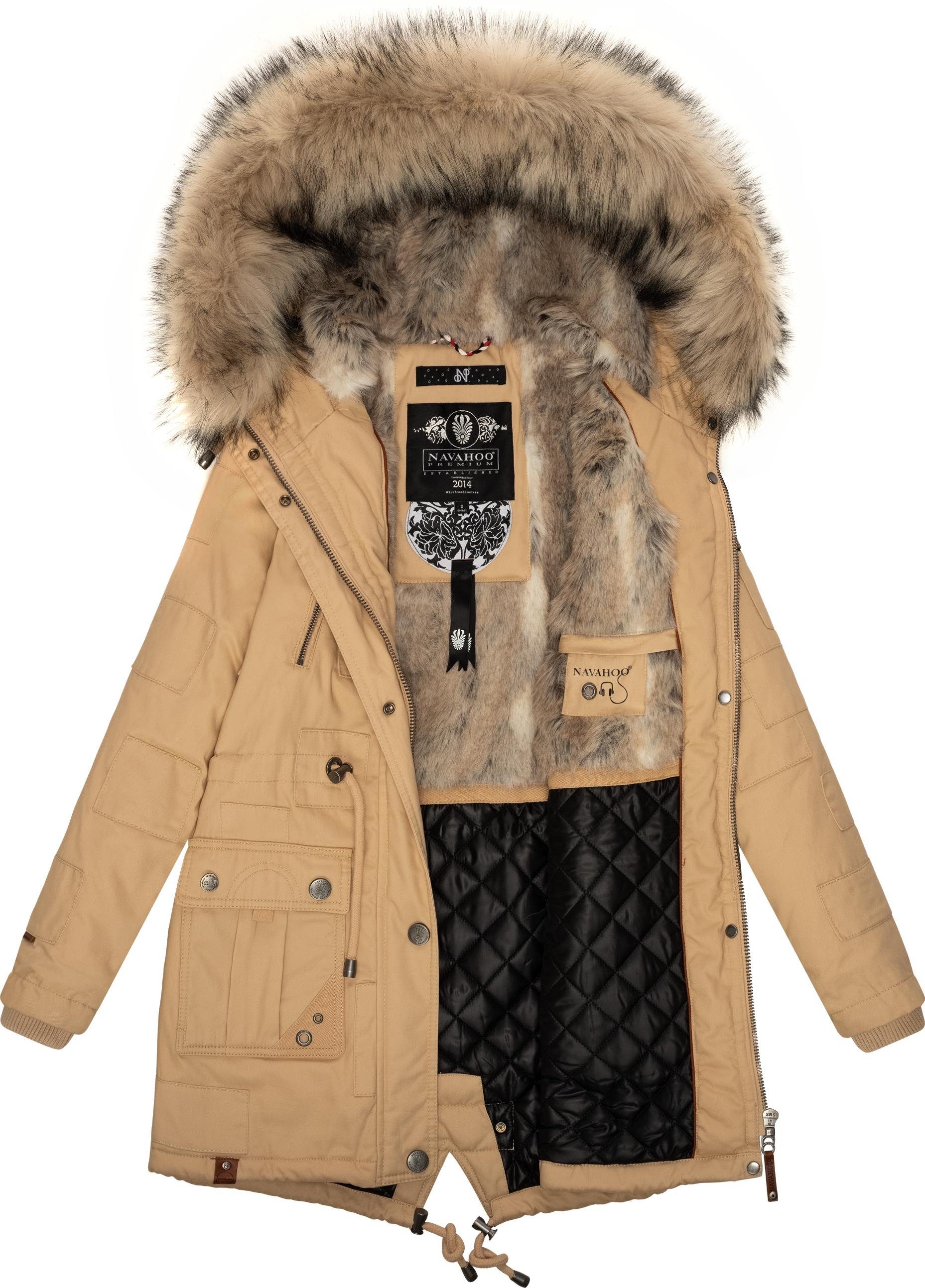 Navahoo Wintermantel Honigfee stylischer Baumwollparka beige mit Kunstfell-Kapuze