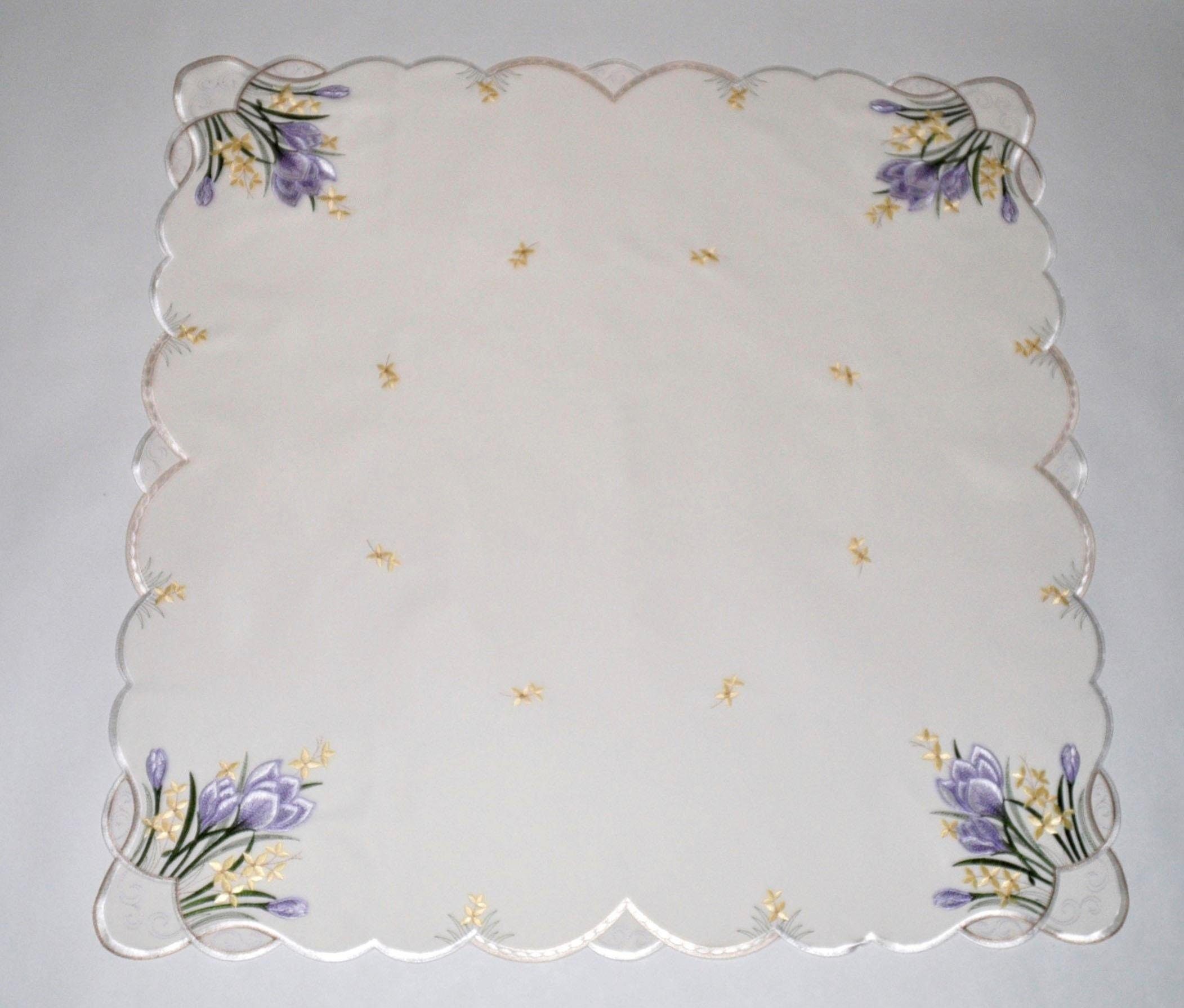 Stickereien Plauen Mitteldecke Tischdecke Krokusblüte, Plauener Spitze, Made in Germany