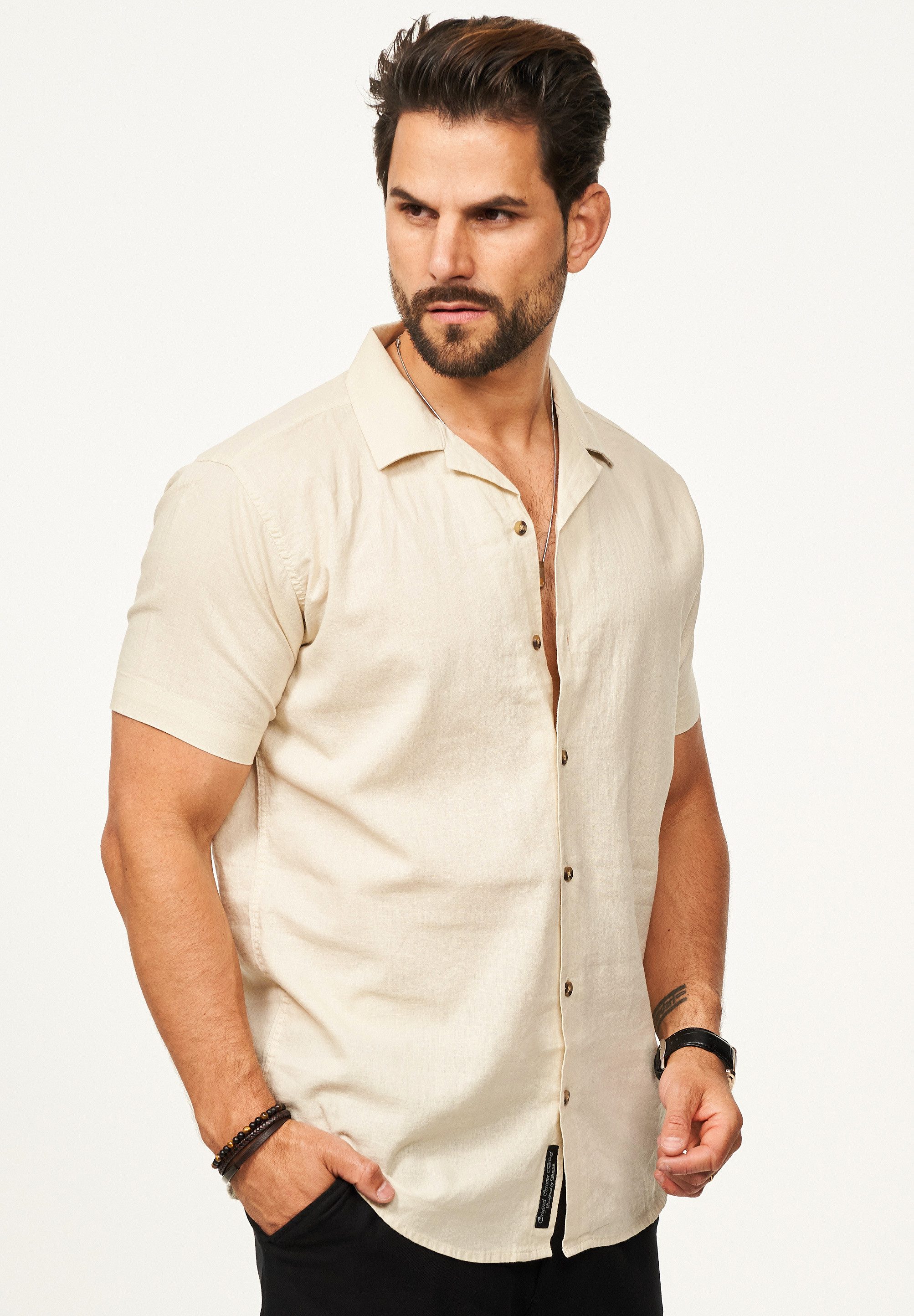 behype Kurzarmhemd aus Leinen Sommerhemd im Regular-Fit Herren Leinenhemd Freizeithemd mit offenen Reverskragen