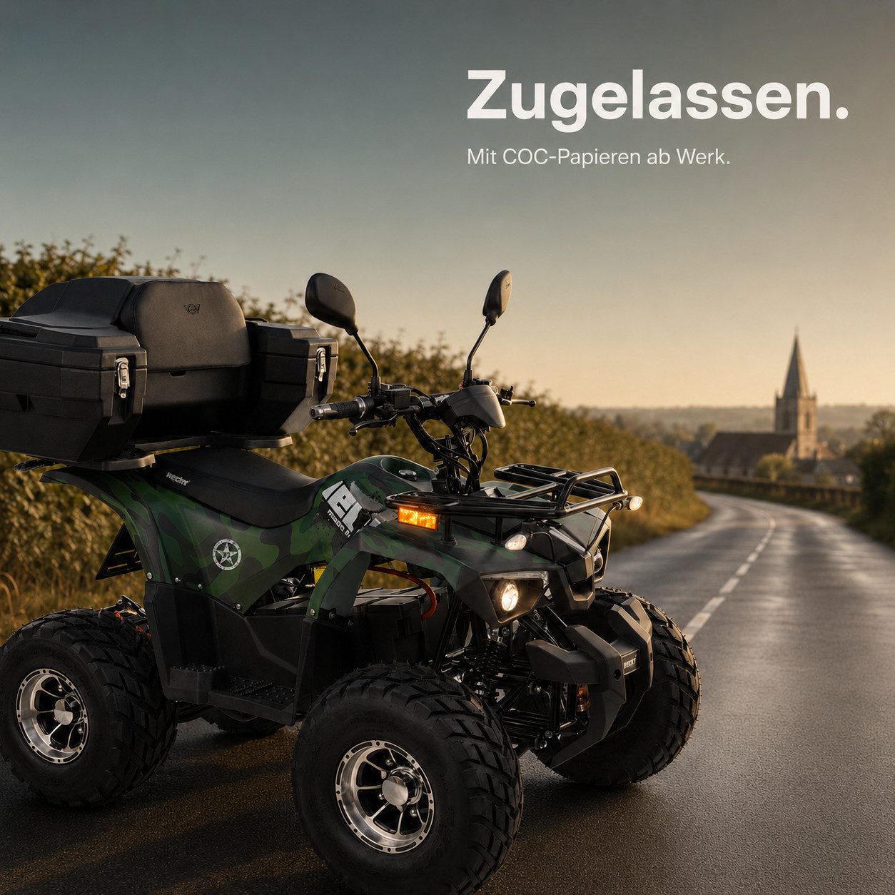 Hecht E-Quad 56199 mit Straßenzulassung, 1200 W, 45 km/h, Anhängerkupplung & Koffer, 72V/20Ah Akku