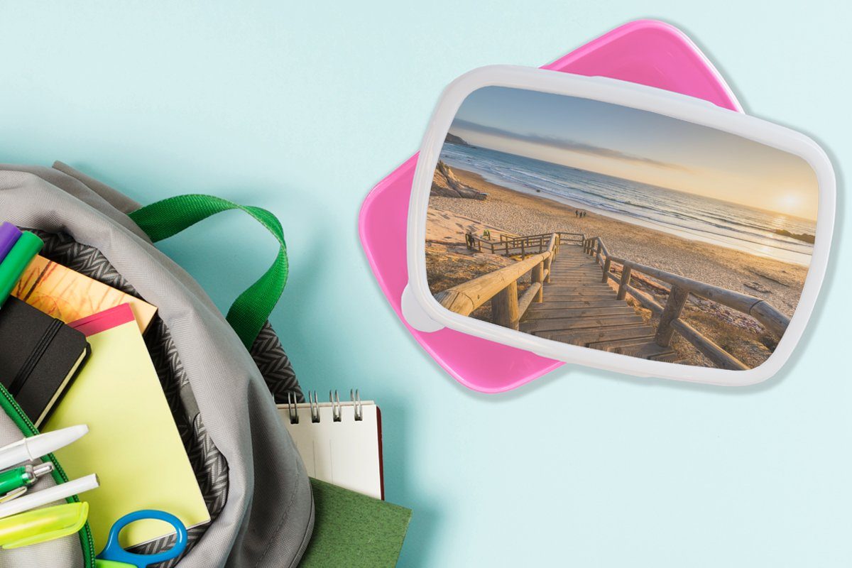 (2-tlg), Strand Portugal, Mädchen, Brotbox für Lunchbox Kinder, rosa - Kunststoff, Kunststoff Brotdose MuchoWow - Erwachsene, Treppe Snackbox,