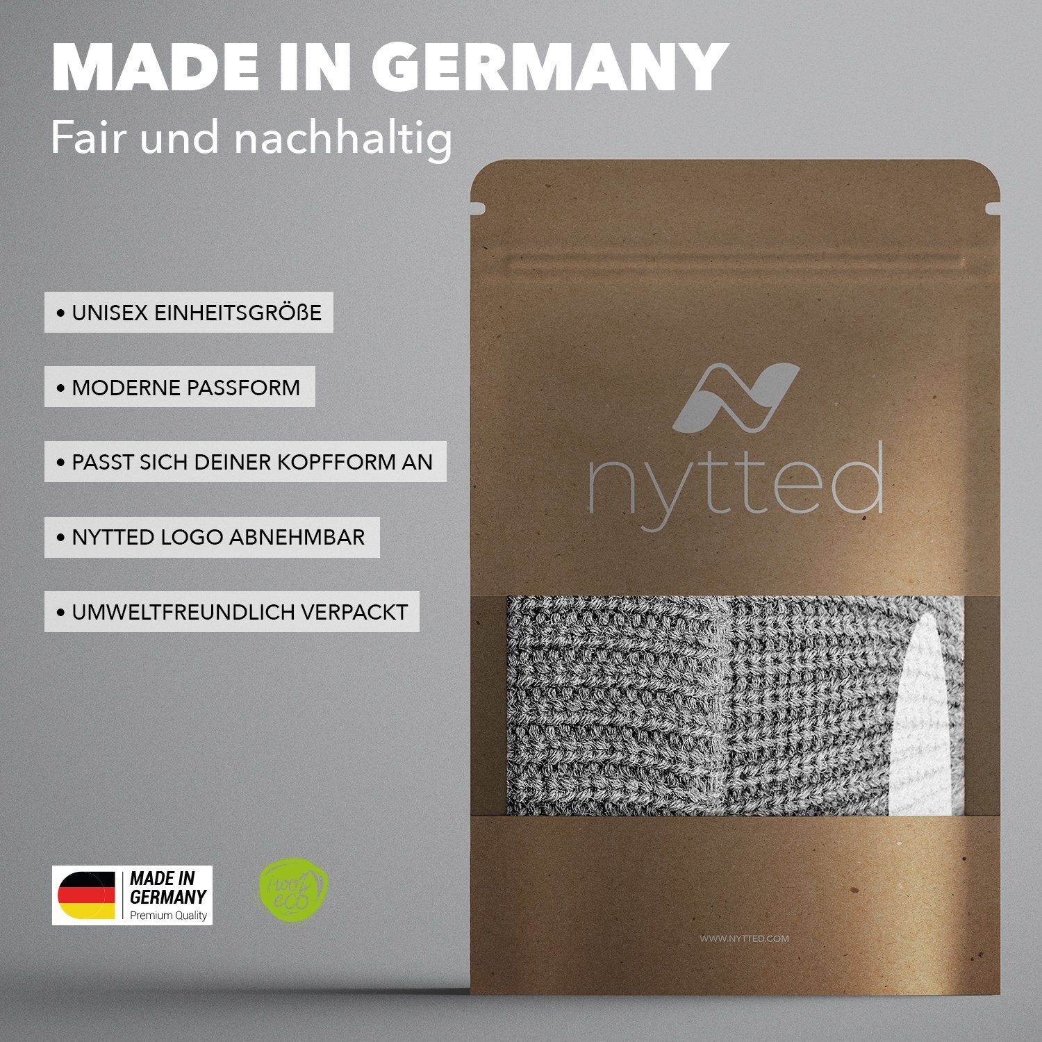 - Mütze- hellgrau Strickmütze kurze Made Costeau NYTTED® Wolle in 100% Germany UNISEX - -