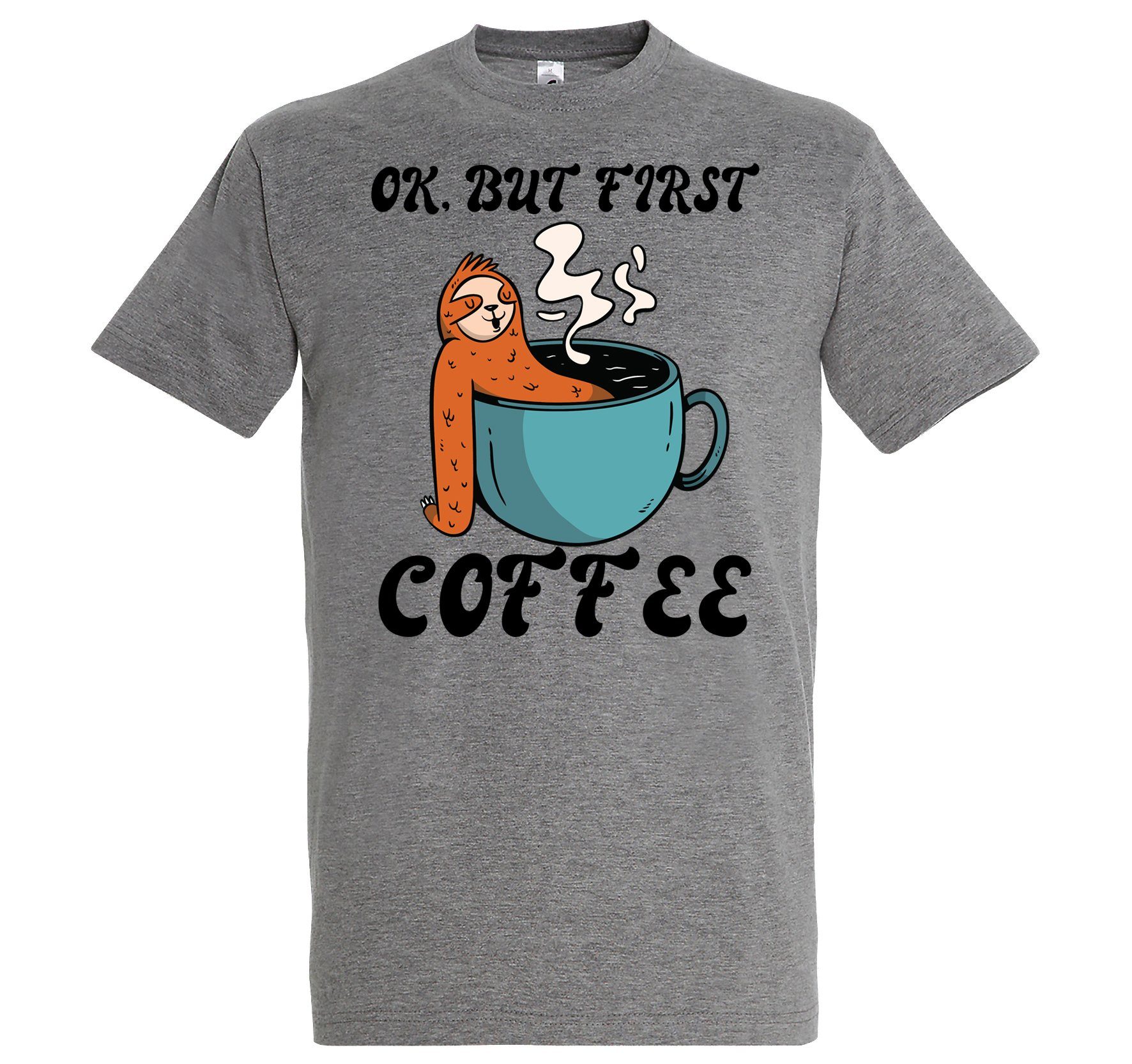 Youth Designz T-Shirt Faultier, But First Coffee Herren Shirt mit Trendigem Frontdruck Grau