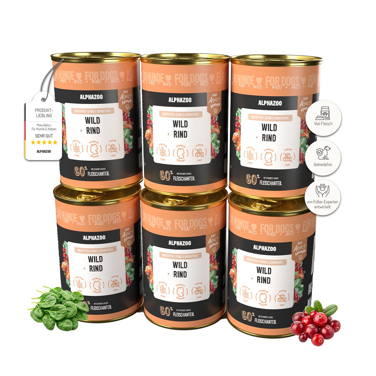 ALPHAZOO Wild + Rind Nassfutter für Adult Hunde 6x400g, getreidefreies Hundefutter für ausgewachsene Hunde, Nassfutter für: Hunde, Getreidefreies, glutenfreies & schmackhaftes Futter Nass