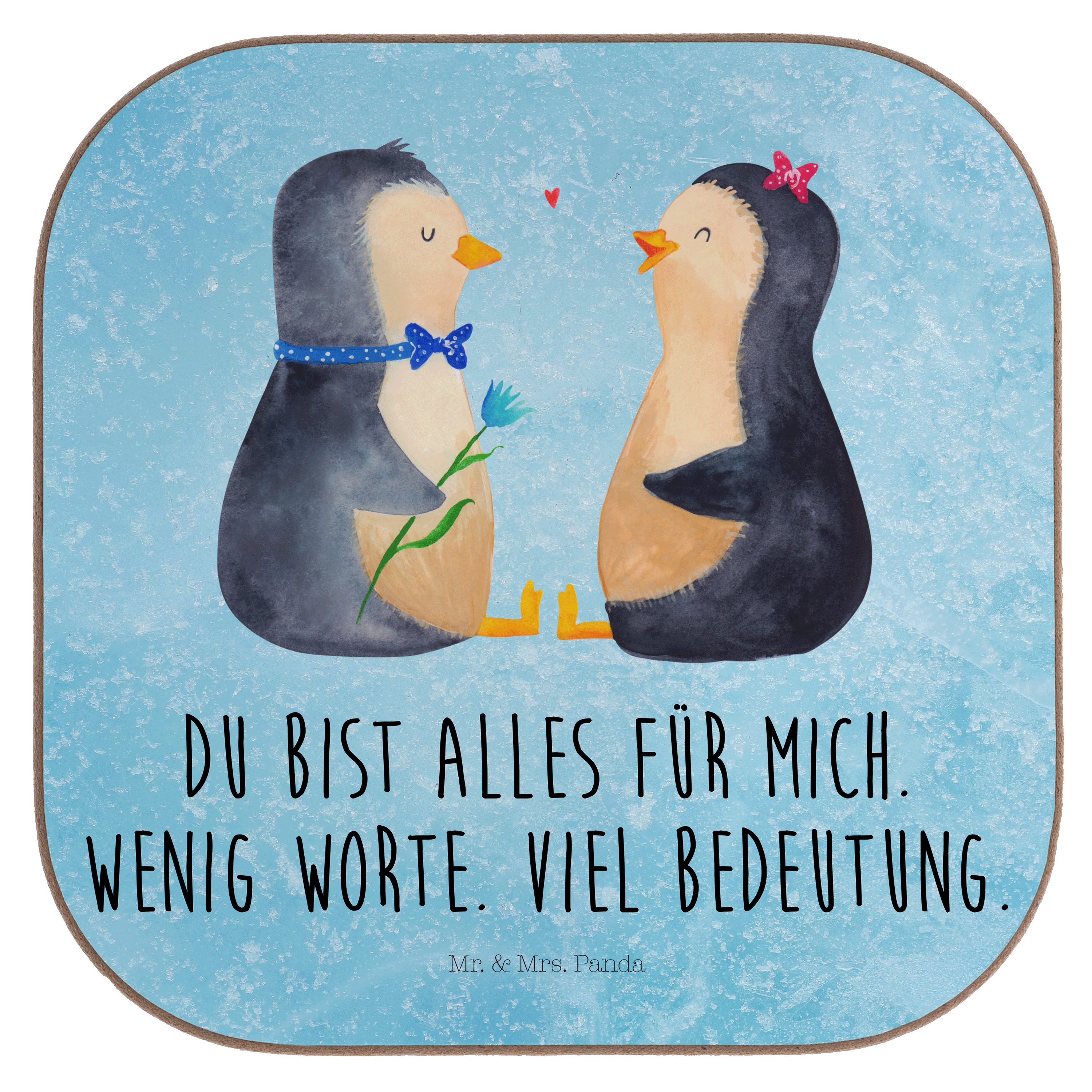 Mr. & Mrs. Panda Getränkeuntersetzer Pinguin Pärchen - Eisblau - Geschenk, Liebesbeweis, Untersetzer Gläse, 1-tlg.