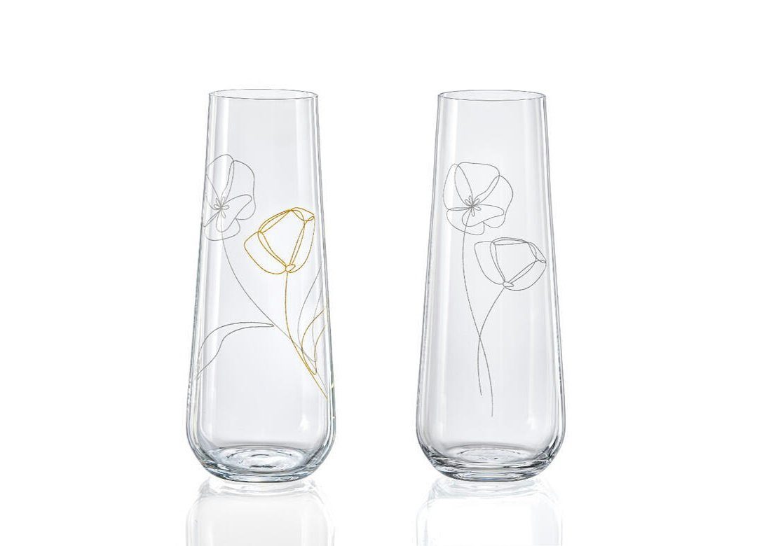 Crystalex Sektglas Blooming Meadow Prosecco Gläser 2 Dekorationen, 4-tlg., Kristallglas, 250 ml, 4er Set, Kristallglas, Pantografie, Blumen Gravur