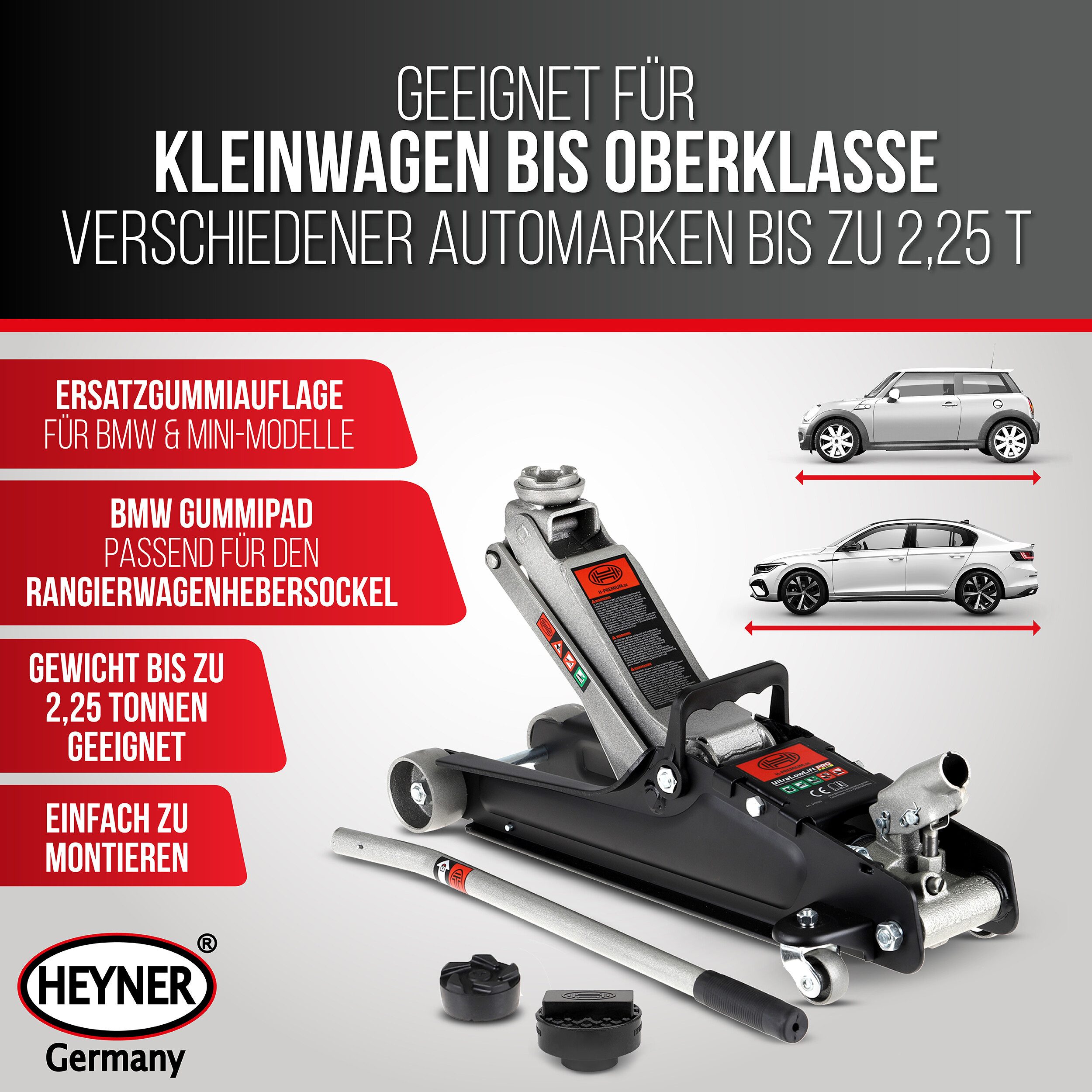HEYNER Rangierwagenheber Hydraulik‑Rangierwagenheber Set 2,25 t, 85–380 mm, BMW/MINI-Auflage, max. Hubhöhe: 38 cm, Set, 2-tlg., BMW Gummiauflage