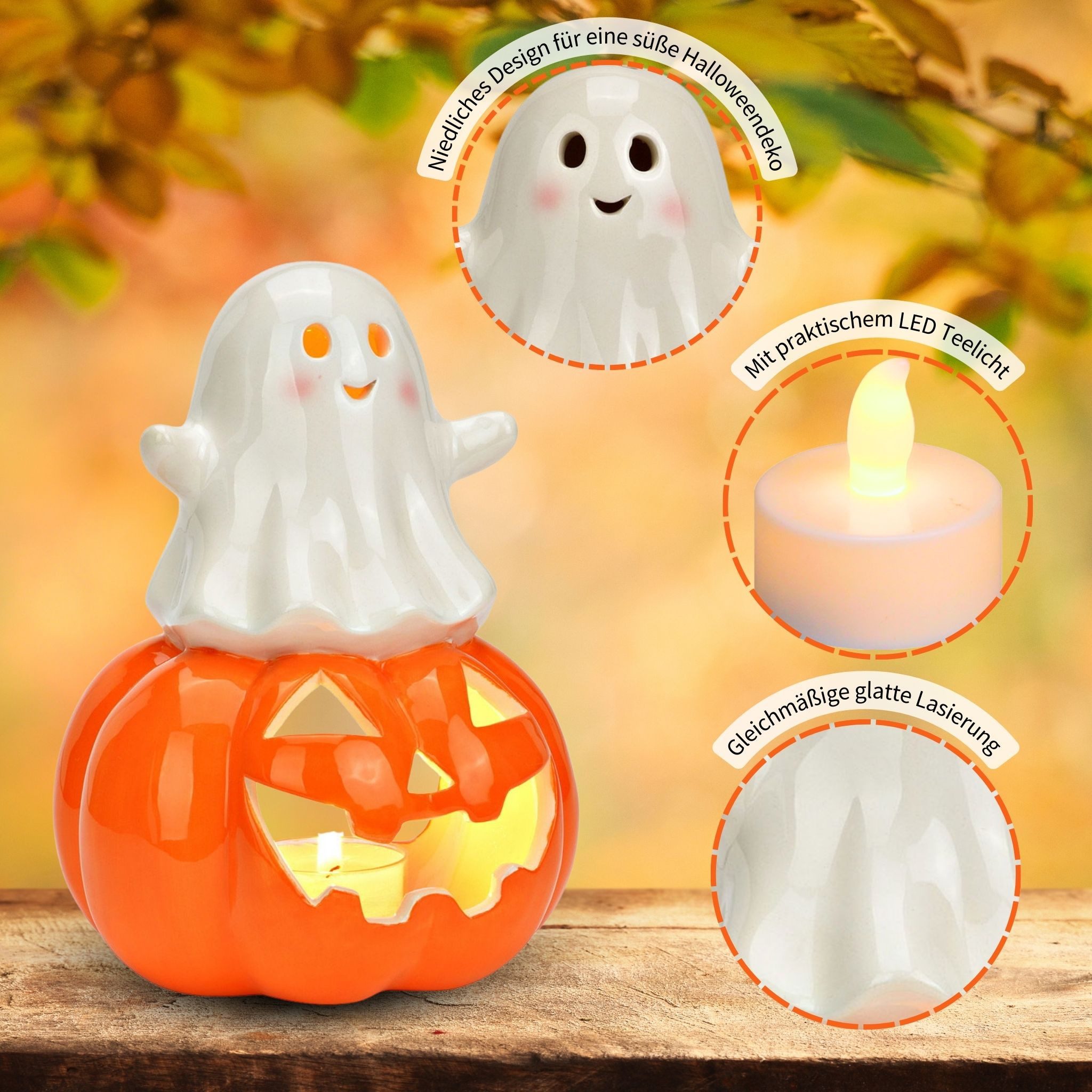 matches21 HOME & HOBBY Kerzenhalter Keramik Windlicht Geist & Kürbis, Weiß, Halloween Deko, 12 cm (1 St), Ideal für Halloween-Partys & Herbstdeko