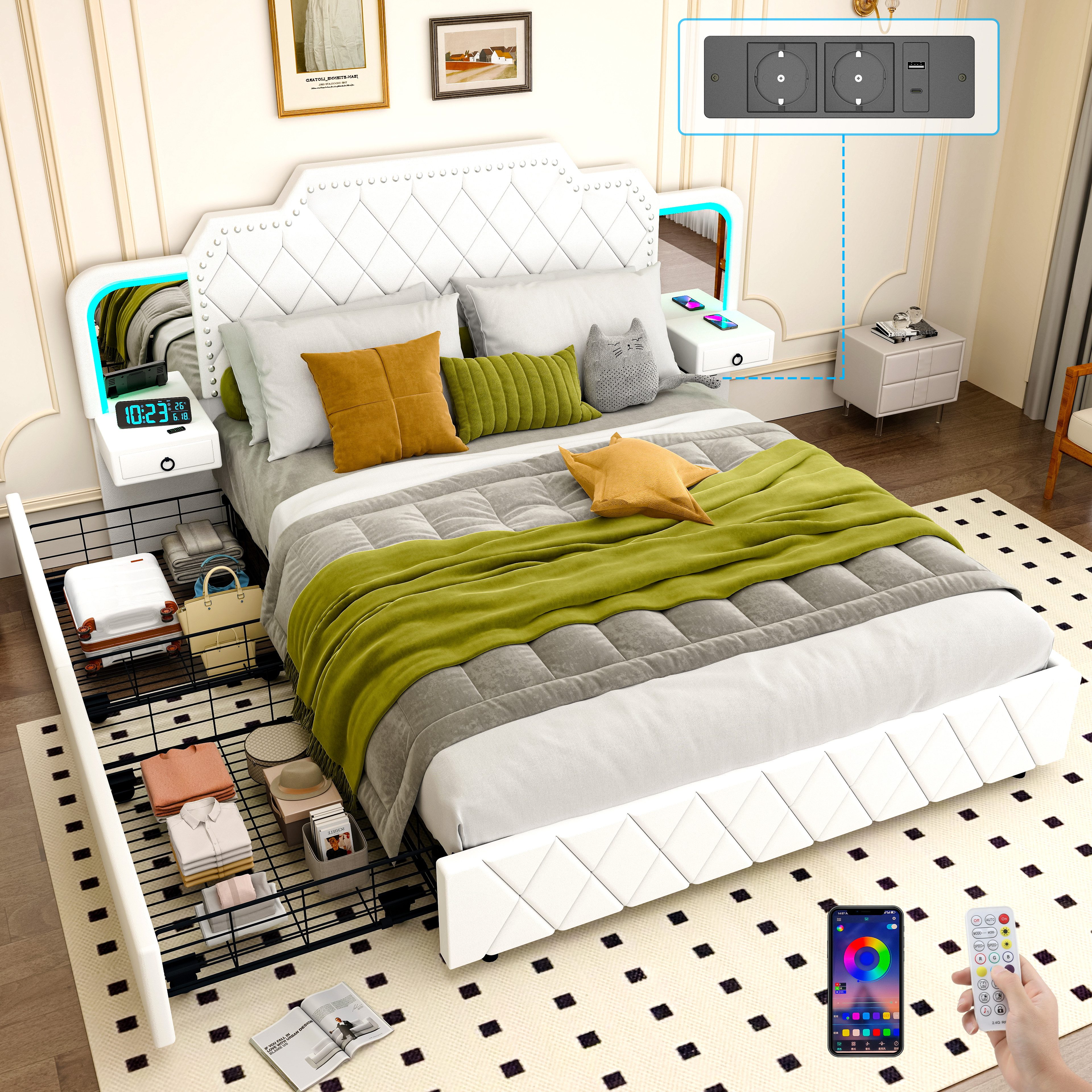 oyajia Polsterbett Bettanlage mit 2 Nachttische 4 Schublade (Stauraumbett L günstig online kaufen