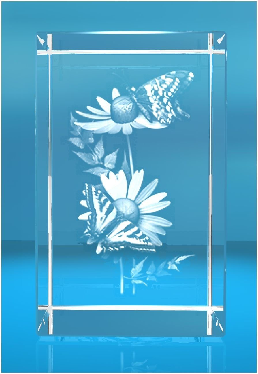 VIP-LASER Dekofigur 3D Glasquader Motiv: Margariten mit Schmetterlingen, Hochwertige Geschenkbox, Made in Germany, Familienbetrieb | Dekofiguren