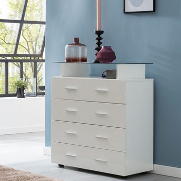 Wohnling Highboard WL5.850 (Sideboard Weiß Hochglanz 76x84x35 cm Modern), Anrichte Schmal, Kleine Schubladenkommode Flur