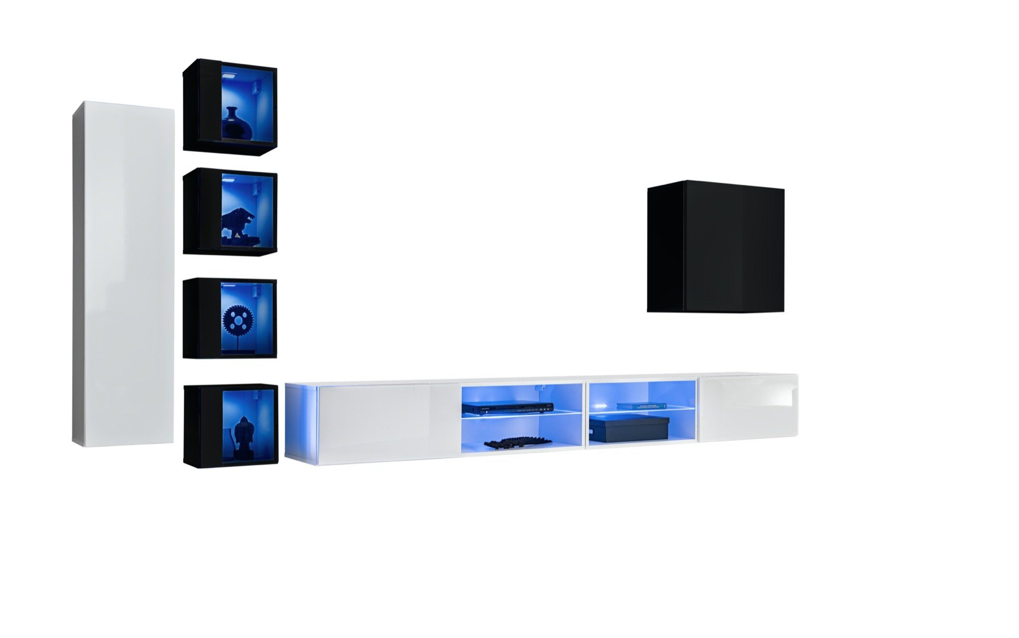 JVmoebel Wohnwand Wohnzimmer Wohnwand TV Set (8-St., Wandschrank beleuchtet 2x Ständer Luxus 6x 8tlg + Wandschrank), LED 6x TV-Ständer