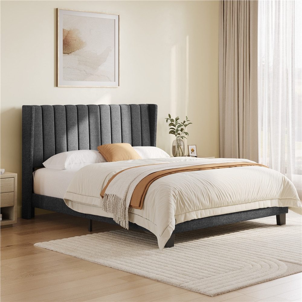 Yaheetech Polsterbett Doppelbett, Bettgestell mit gepolstertem Kopfteil & Lattenrost, 160 x 200 cm