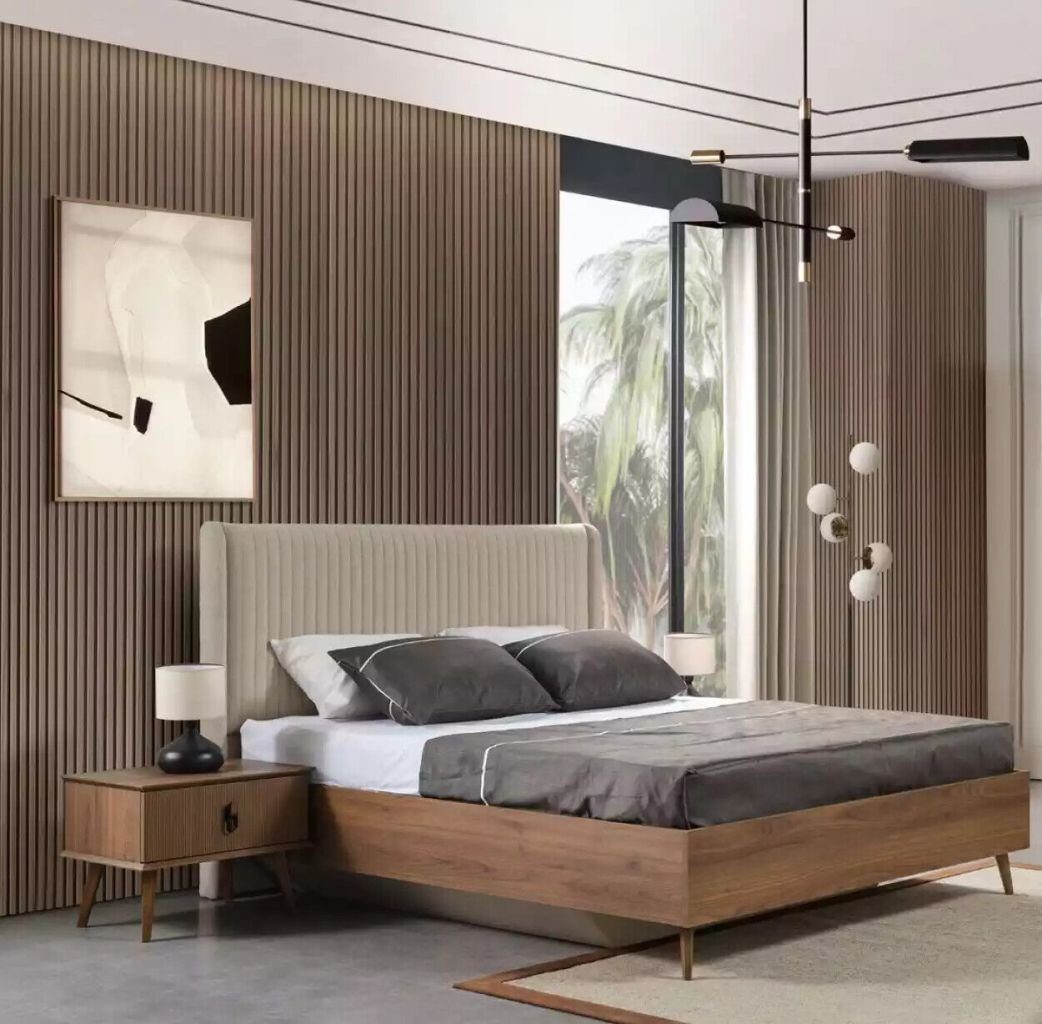 JVmoebel Schlafzimmer-Set Bett 2x Nachttische 3tlg. Schlafzimmer Design Möbel Braun Holz Neu, (3-St., 1x Bett + 2x Nachttische), Made in Italy | Komplett-Jugendzimmer