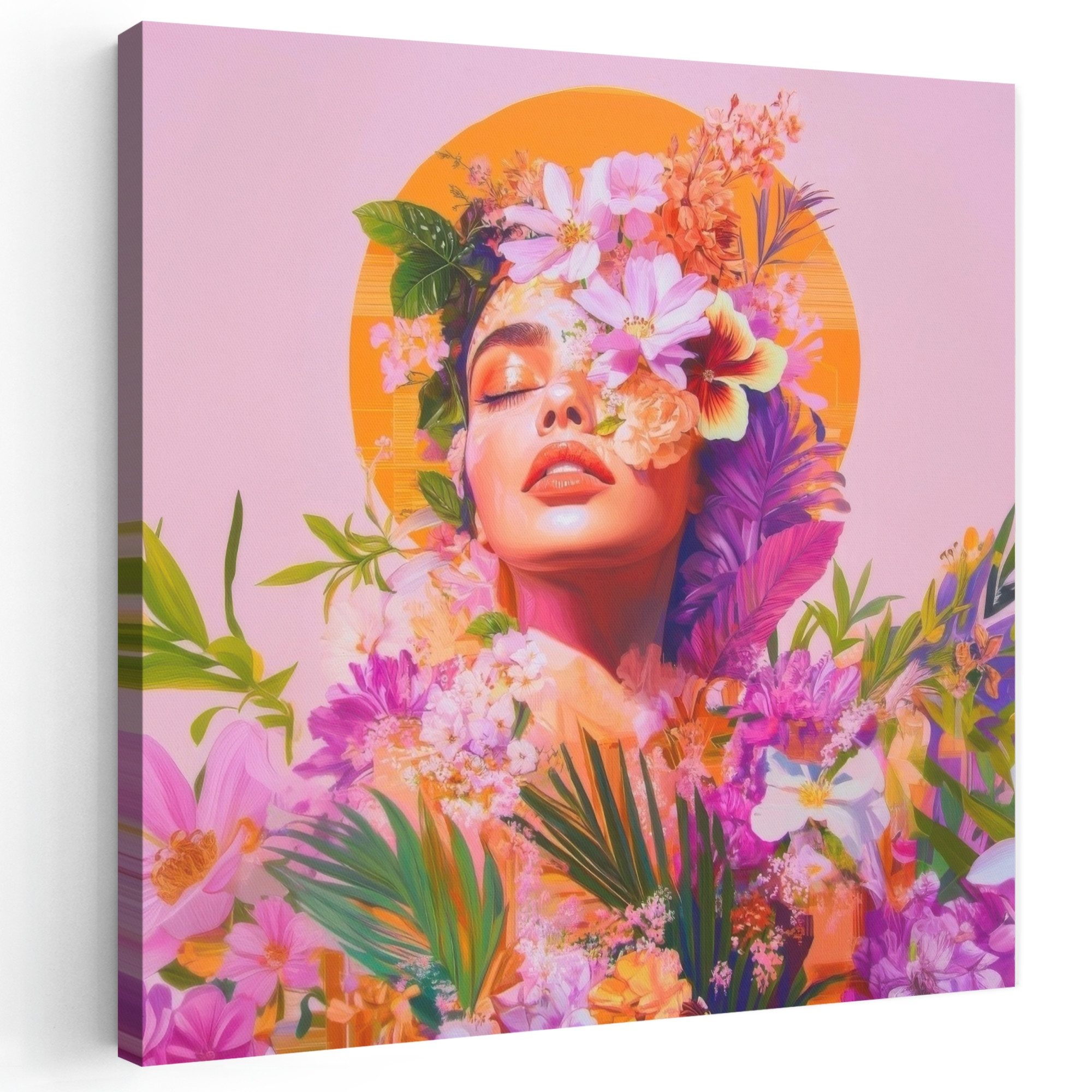 OneMillionCanvasses® Leinwandbild Frau - Abstrakt - Kreis - Blumen, Fotodruck (1 St), Wandbild, Deko Schlafzimmer Wohnzimmer Flur 20x20 cm