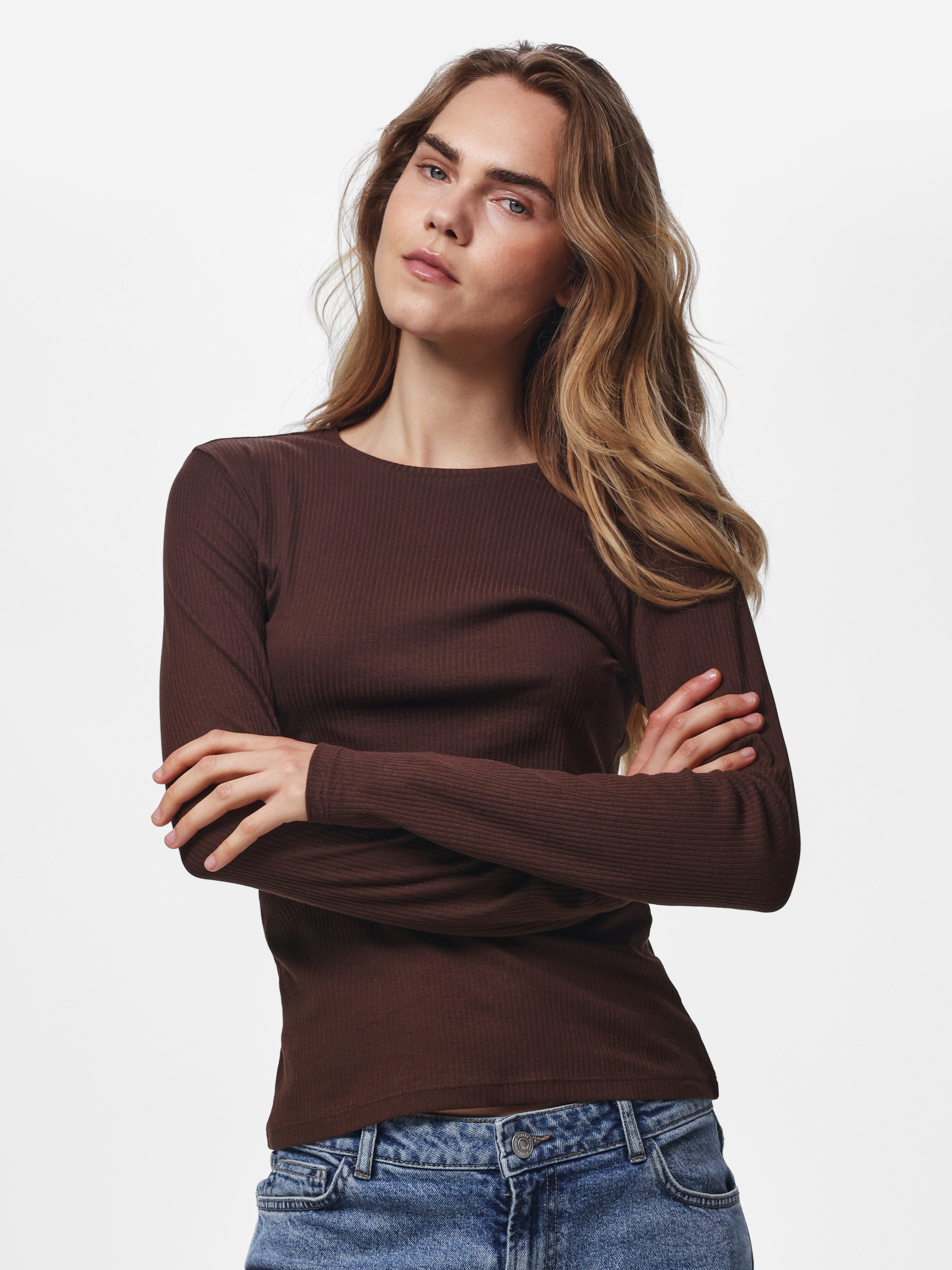 pieces Langarmshirt PCRUKA LS TOP NOOS BC Baumwollmischung, slim fit