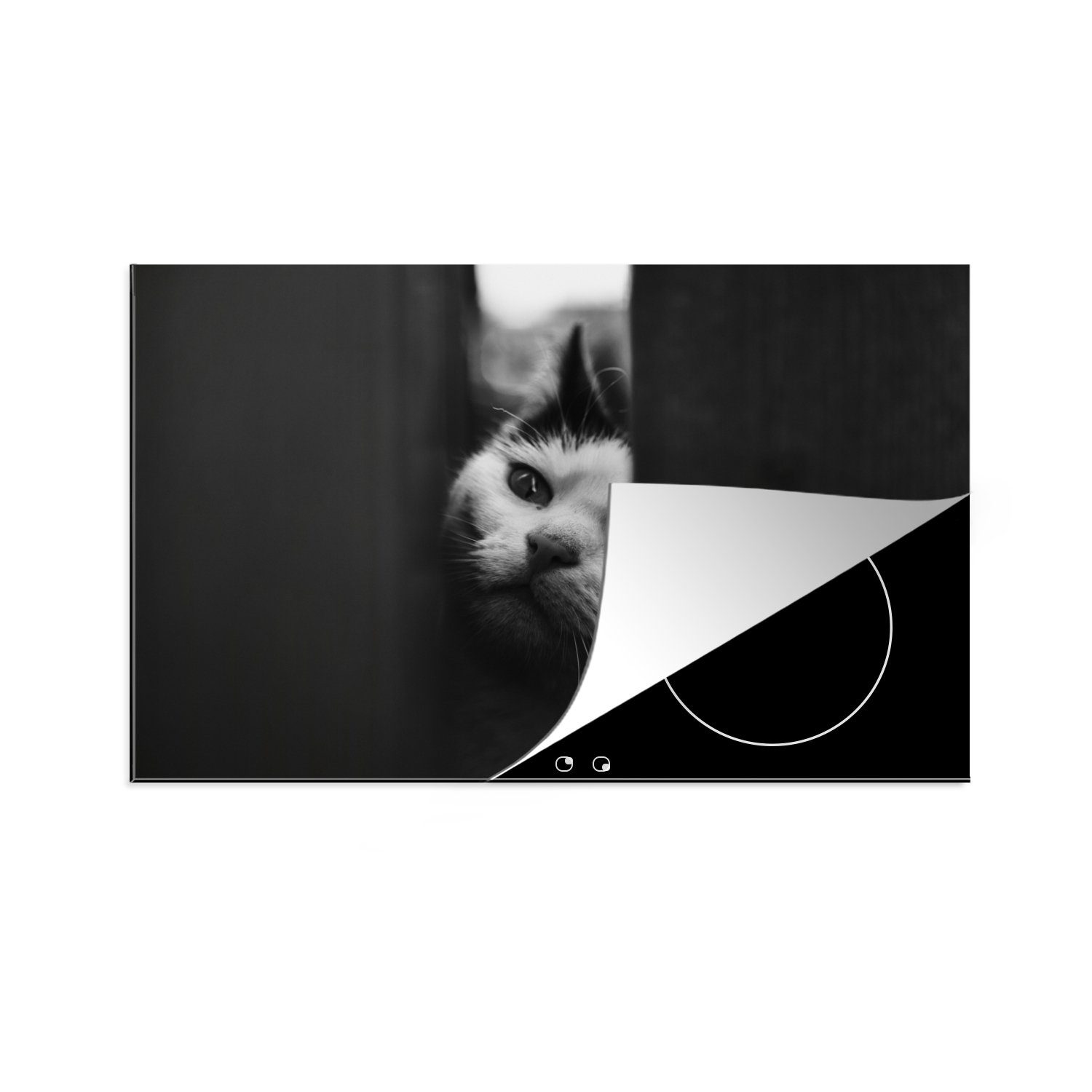 MuchoWow Herdblende-/Abdeckplatte Tierprofil Spionage Katze in schwarz und weiß, Vinyl, (1 tlg), 81x52 cm, Induktionskochfeld Schutz für die küche, Ceranfeldabdeckung
