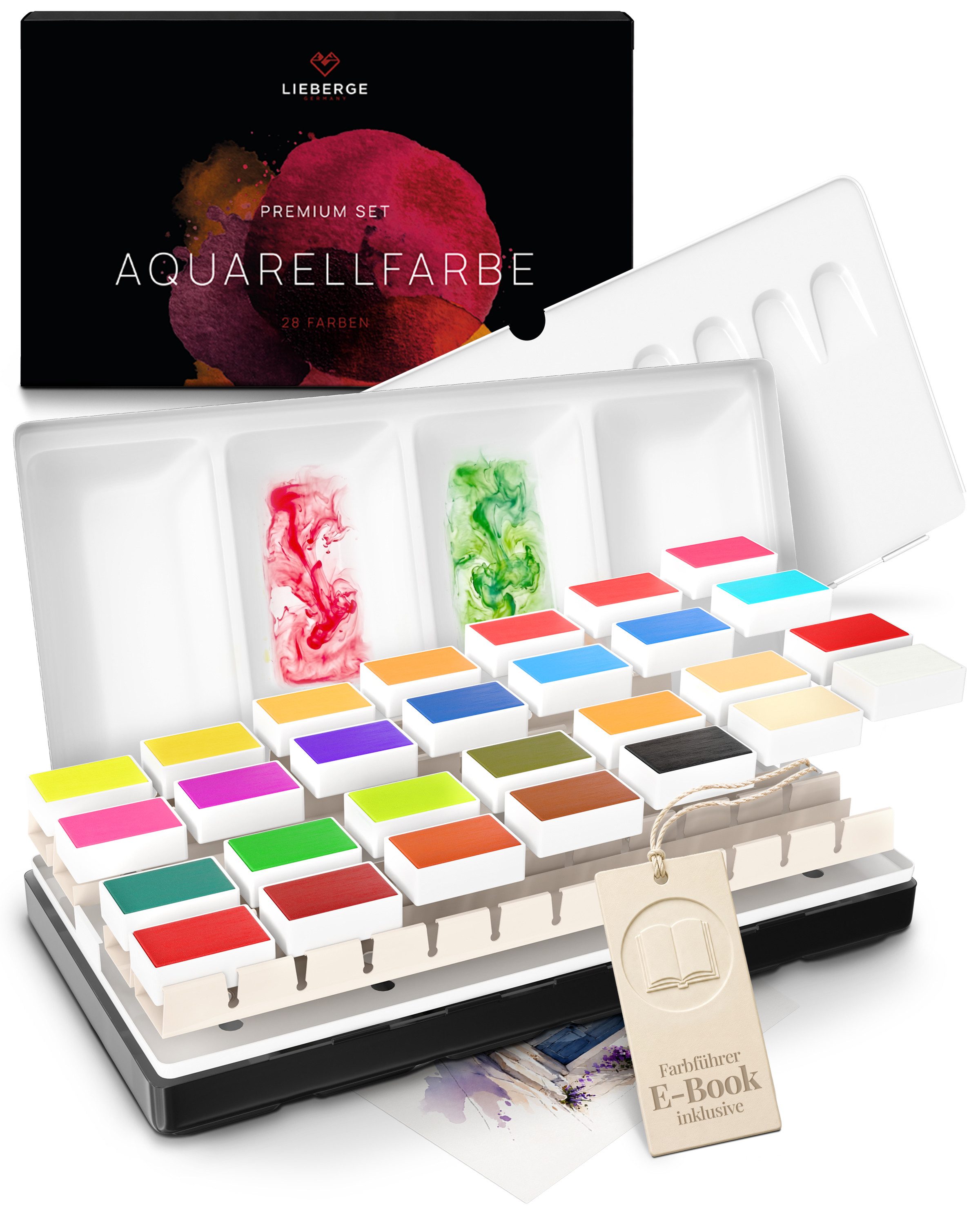 LIEBERGE Aquarellfarbe Premium Set – 28 kuratierte Farben in Metallbox mit Mischpalette, hohe Pigmentkraft, Ganznäpfchen, Daumenring, Farbführer inklusive
