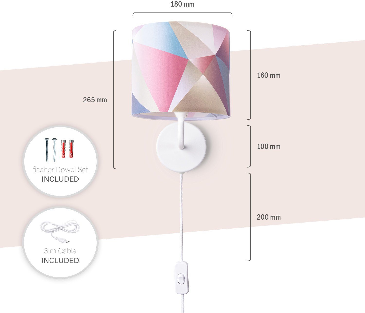 Pastell Wohnzimmer Wandleuchte Lampe Flur Paco Stecker integriert, Kabel LED fest Home 309, E14 âˆ…18cm Kosy 3m Deko