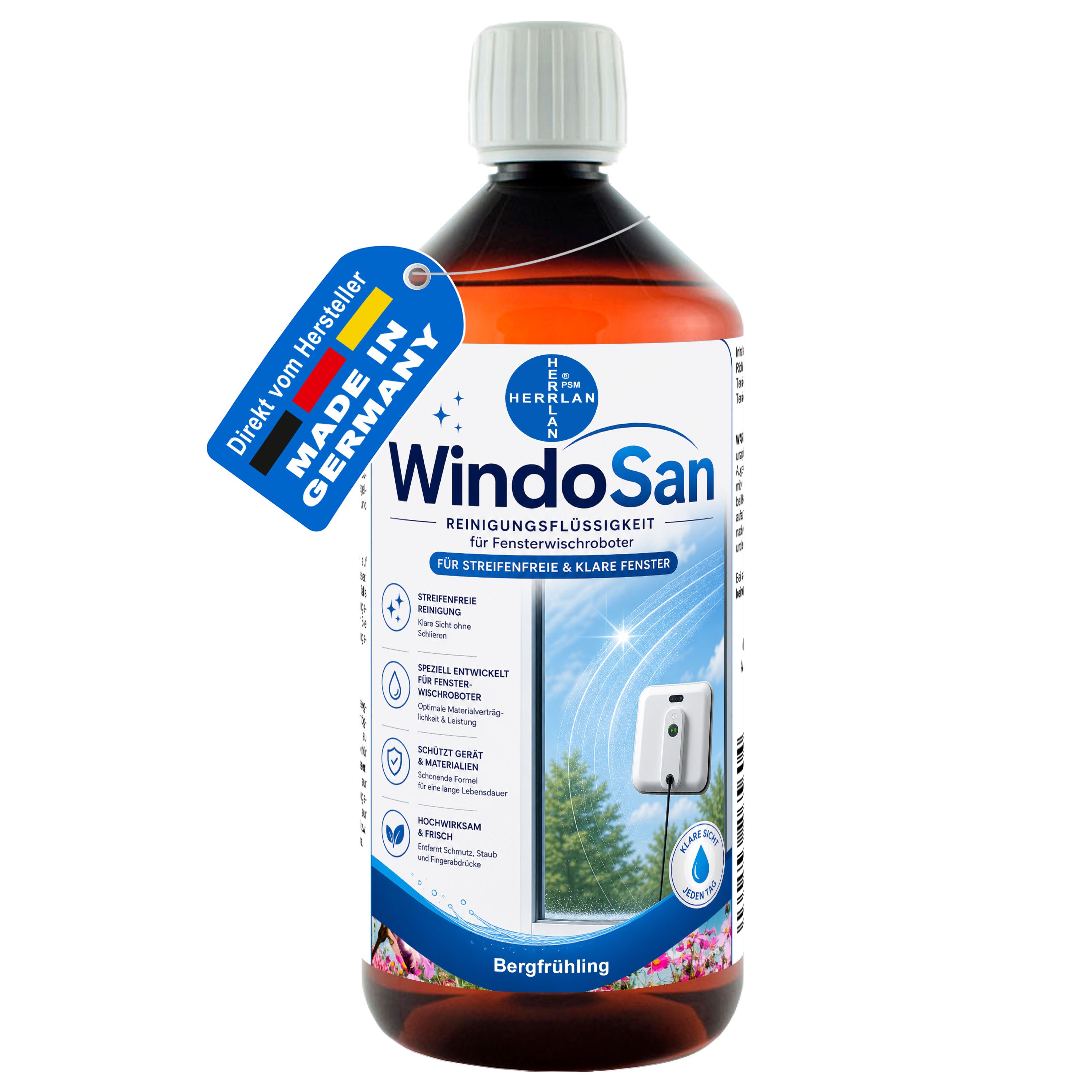 HERRLAN Fensterreiniger WindoSan Reinigungsmittel für Fensterroboter, (1000 ml Bergfrühling) für alle gängigen Fensterputzroboter, Fensterwischroboter.