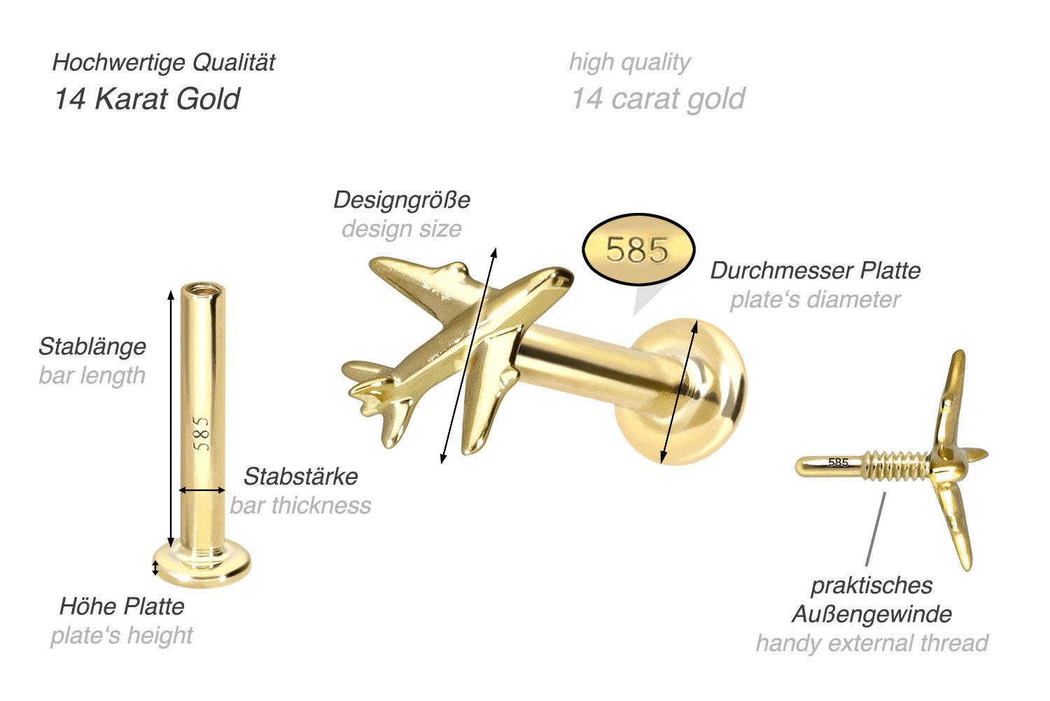 PIERCINGLINE Piercing-Set 14 Karat Gold Labret mit Innengewinde FLUGZEUG (Labrets, 1-tlg)