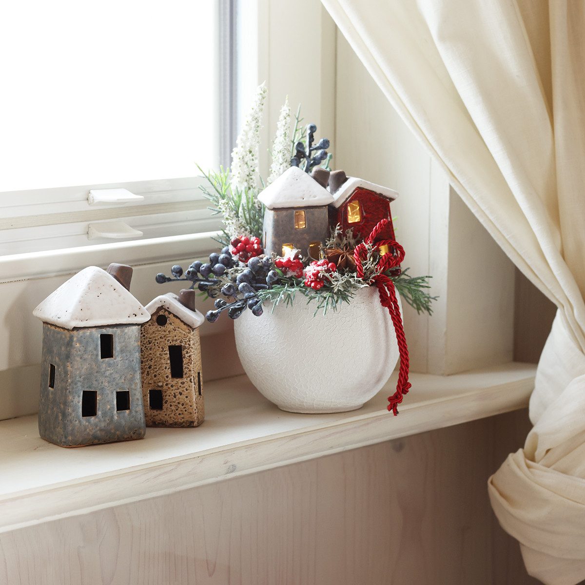 Viana Streudeko Keramikhäuschen Weihnachtsdeko Set Creme Rot Grau 3 Stk