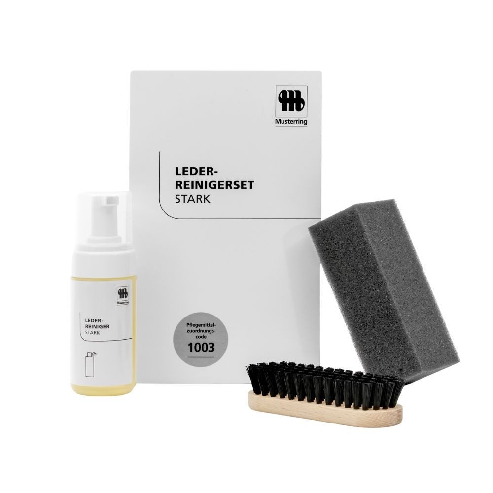 Musterring 1003 Glattleder Reinigungs-Set starker Lederreiniger (3-tlg. mit 125ml Reiniger, Schwamm & Reinigungsbürste für Glattleder Sofas, Sessel & Lederoberflächen)