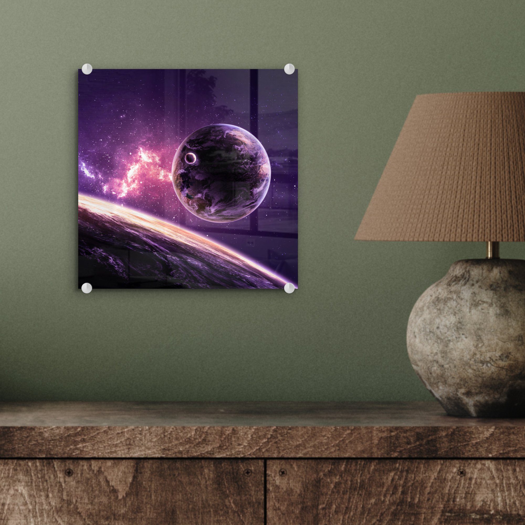 - Wanddekoration - Planeten Sterne auf auf Wandbild Lila, Glas Bilder (1 Glas - Foto - Acrylglasbild St), Glasbilder - MuchoWow