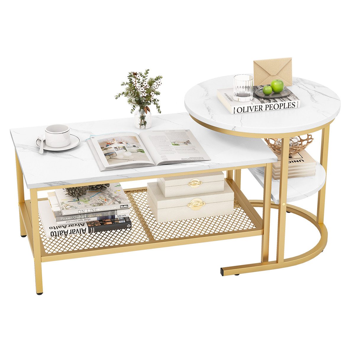 COSTWAY Couchtisch, 2er Set, Marmor, Beistelltisch mit Stauraum, Gold, Meta günstig online kaufen