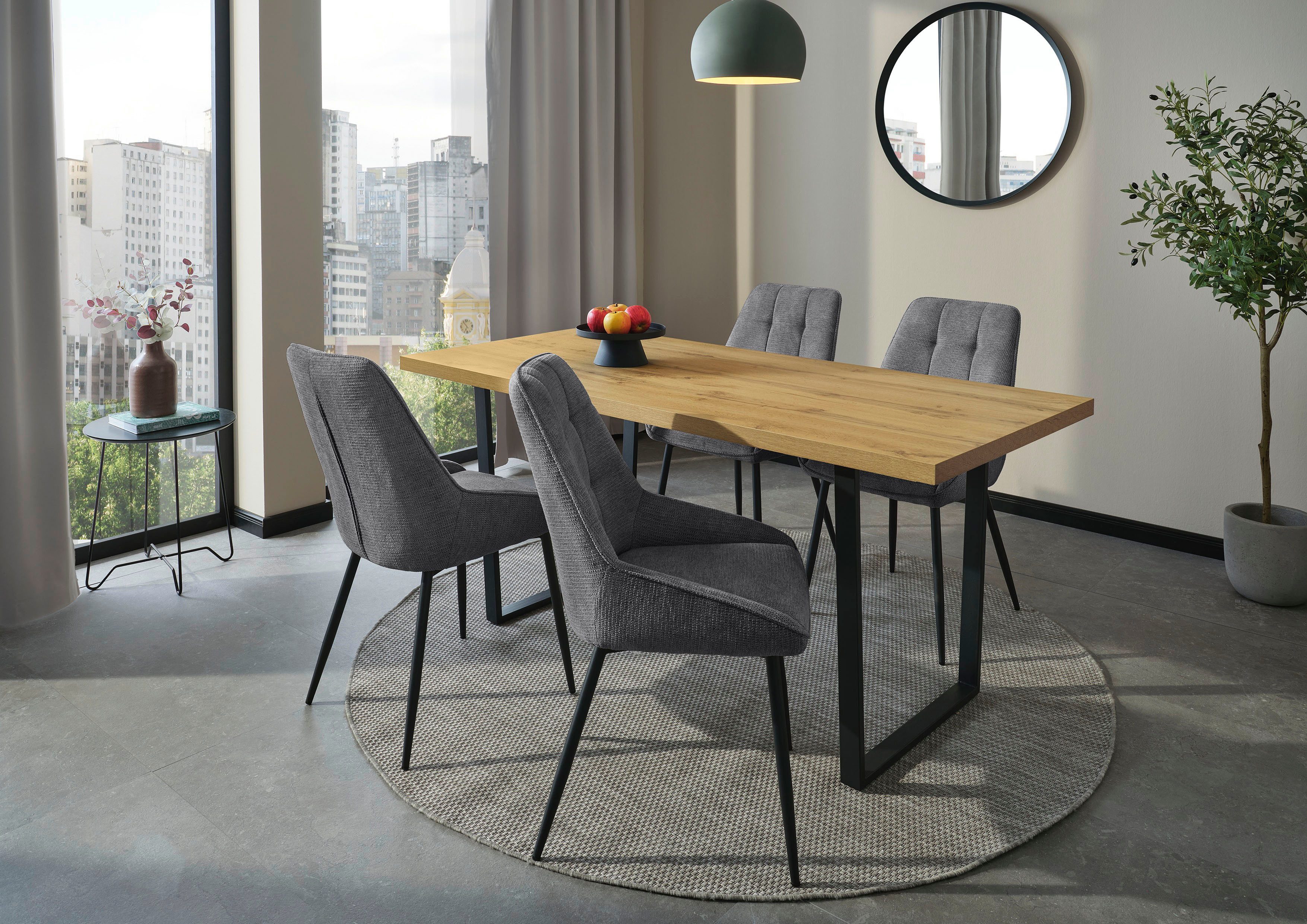 Jockenhöfer Gruppe Essgruppe ROGER, Sitzgruppe, Esstisch 160 cm, 4 Stühle, (Set, 5-tlg., Esstisch 160 cm plus 4 Esszimmerstühle), Tischplatte Wildeiche, U-Gestell, Stühle mit Webstoff