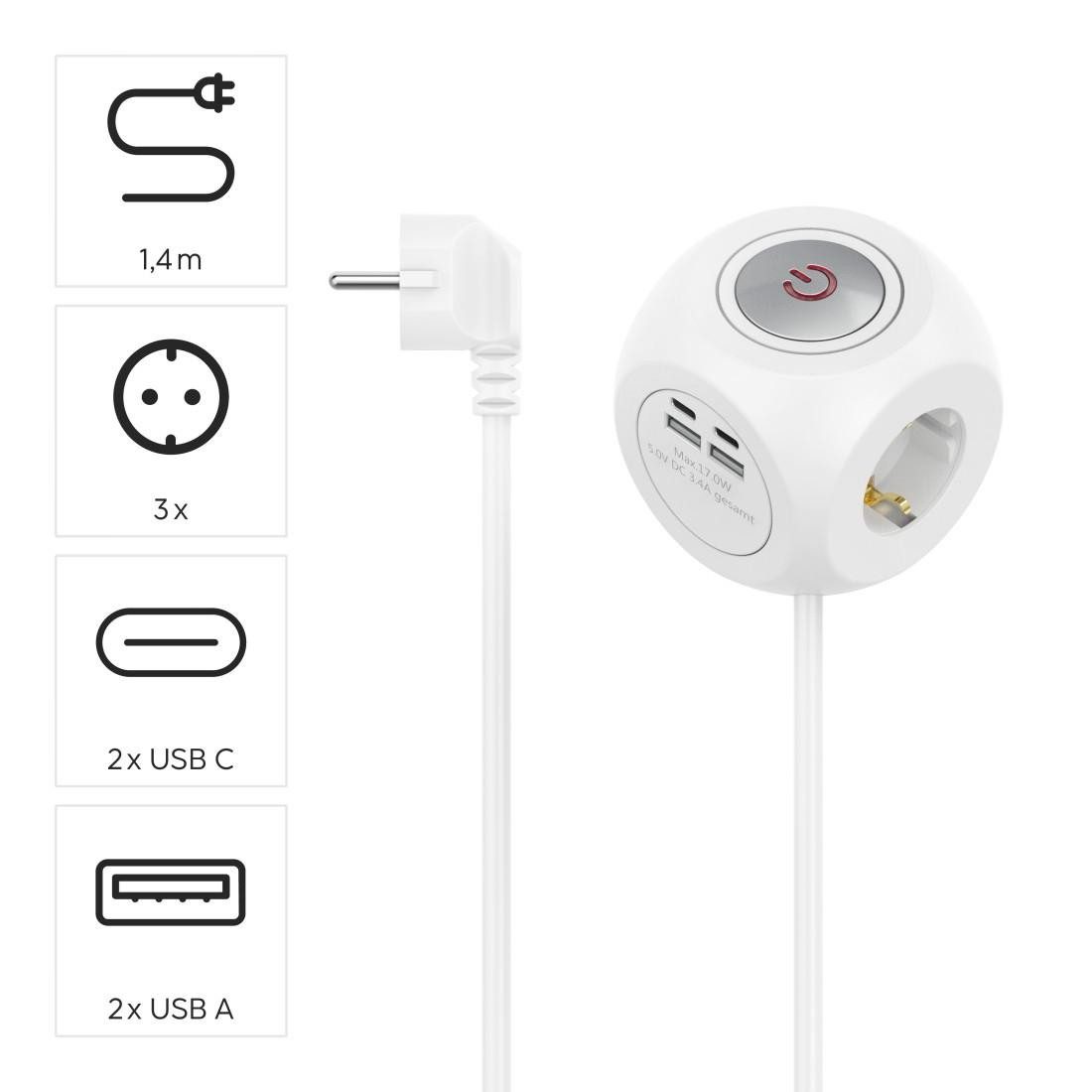 Hama Steckdosenwürfel 7 fach mit Schalter, Schutzkontaktsteckdosen USB weiß Steckdosenleiste 7-fach (Ein- / Ausschalter, USB-Anschlüsse, Schutzkontaktkupplung, Überspannungsschutz, Kabellänge 1,4 m), mit USB C und USB A Steckern, Mehrfachsteckdose, Tisch, 17 W, 1,4 m