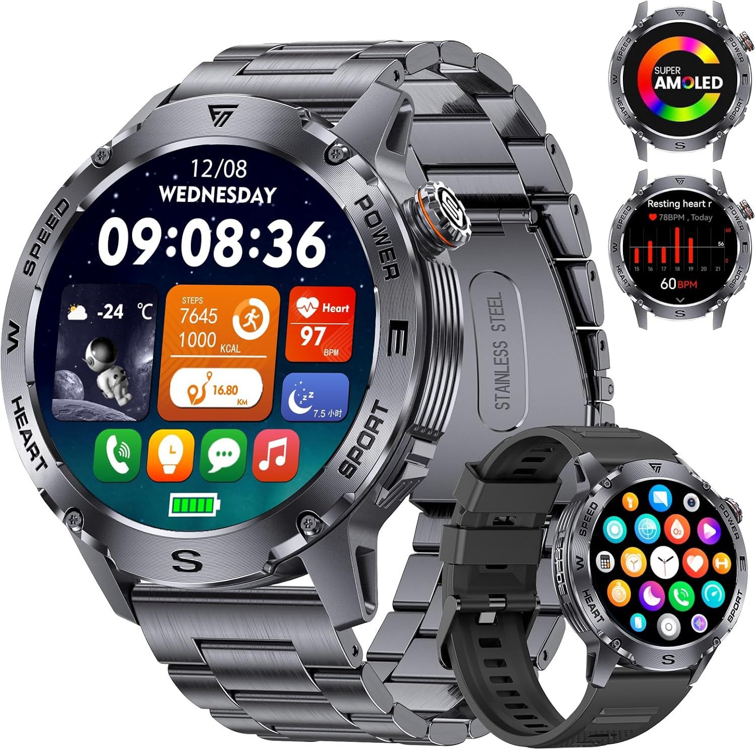 Lige Herren"s Telefonfunktion; AMOLED Display Gesundheitsüberwachung IP68 Smartwatch (1,43 Zoll, Android/iOS), Bluetooth Anrufe Edelstahlgehäuse Schlafanalyse Sportmodi Vielfalt