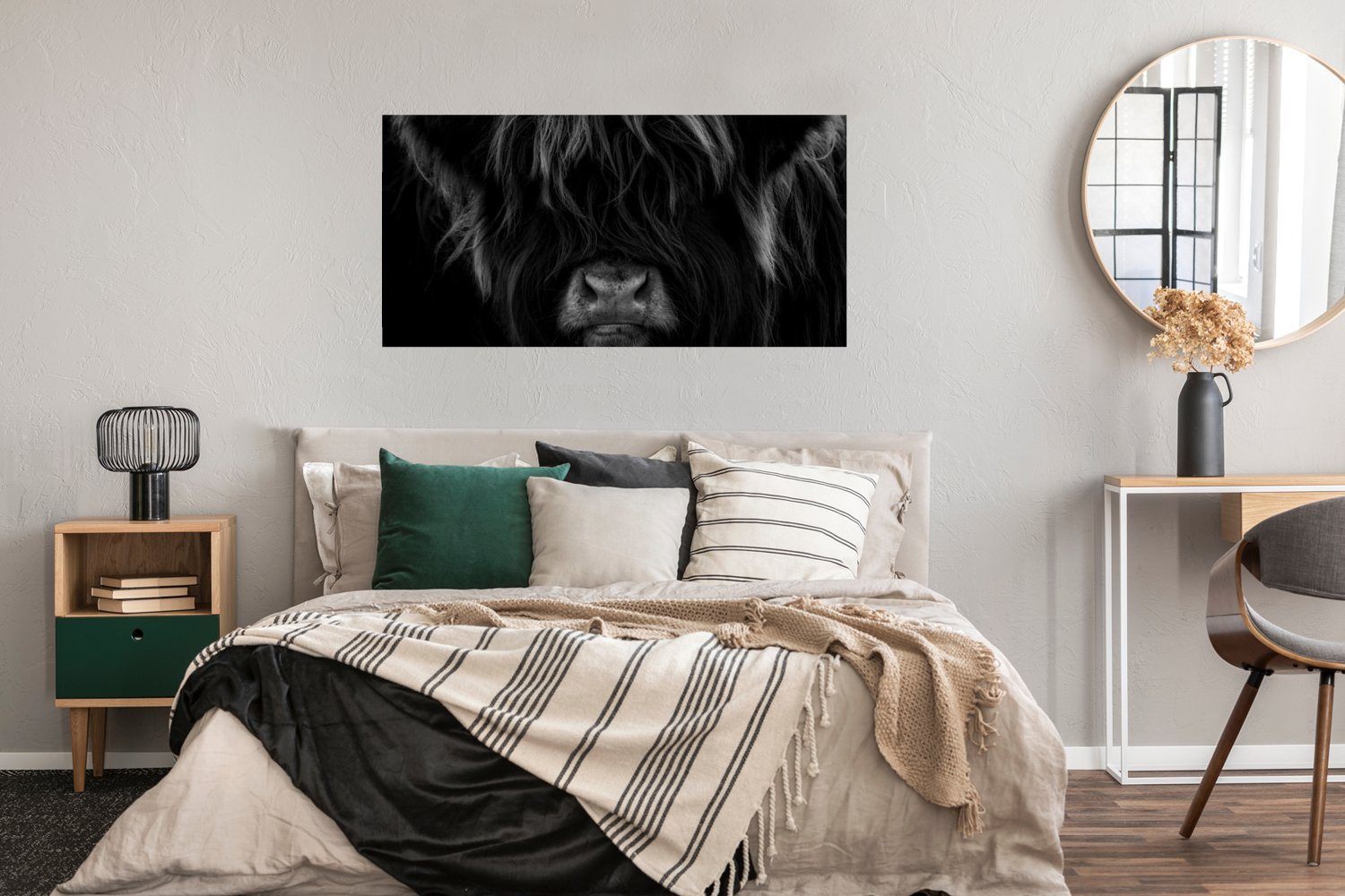 Porträt, Bild - Schottischer - Ohne Weiß - Poster Highlander MuchoWow Wanddeko Kuh Schwarz Wohnzimmer, für Schlafzimmer, Rahmen, - St), Wandposter, (1