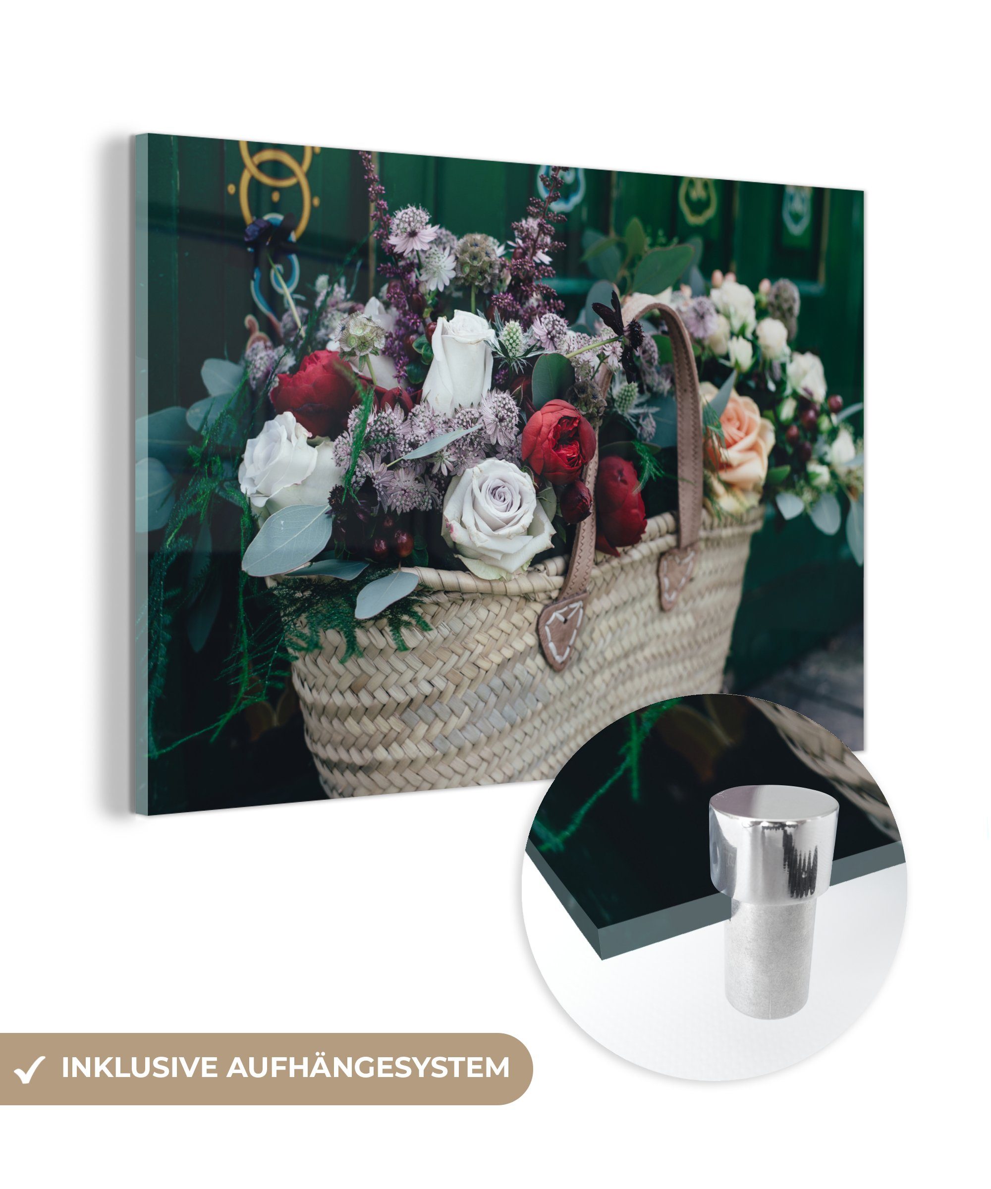 MuchoWow Acrylglasbild Rosen - Blumen - Korb, (1 St), Acrylglasbilder Wohnzimmer & Schlafzimmer