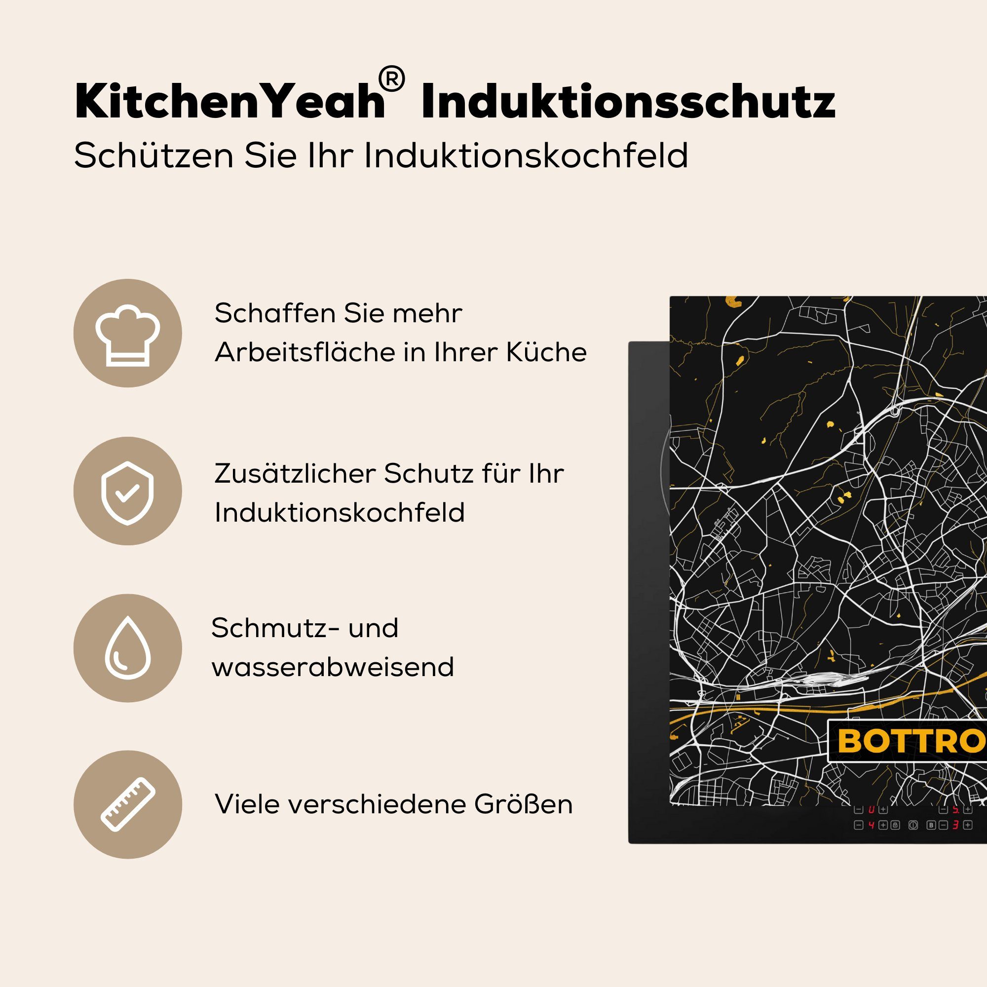 MuchoWow Herdblende-/Abdeckplatte Bottrop - Stadtplan Karte, - Vinyl, (1 cm, - und Schwarz Arbeitsplatte für küche Ceranfeldabdeckung, - tlg), Deutschland Gold 78x78