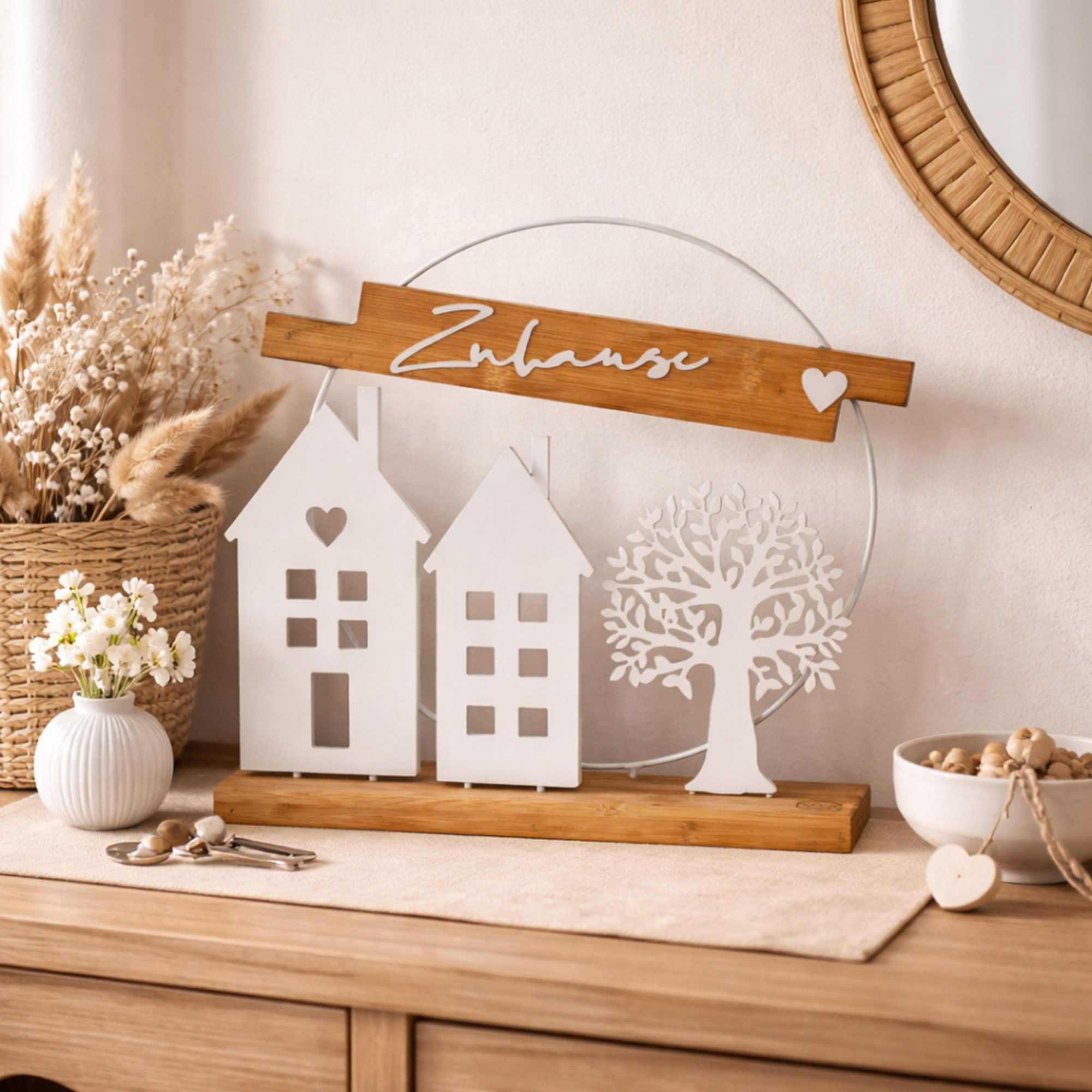 UNUS HOME Dekofigur (weiß), Aufsteller Zuhause aus Metall und Bambus-Holz W günstig online kaufen