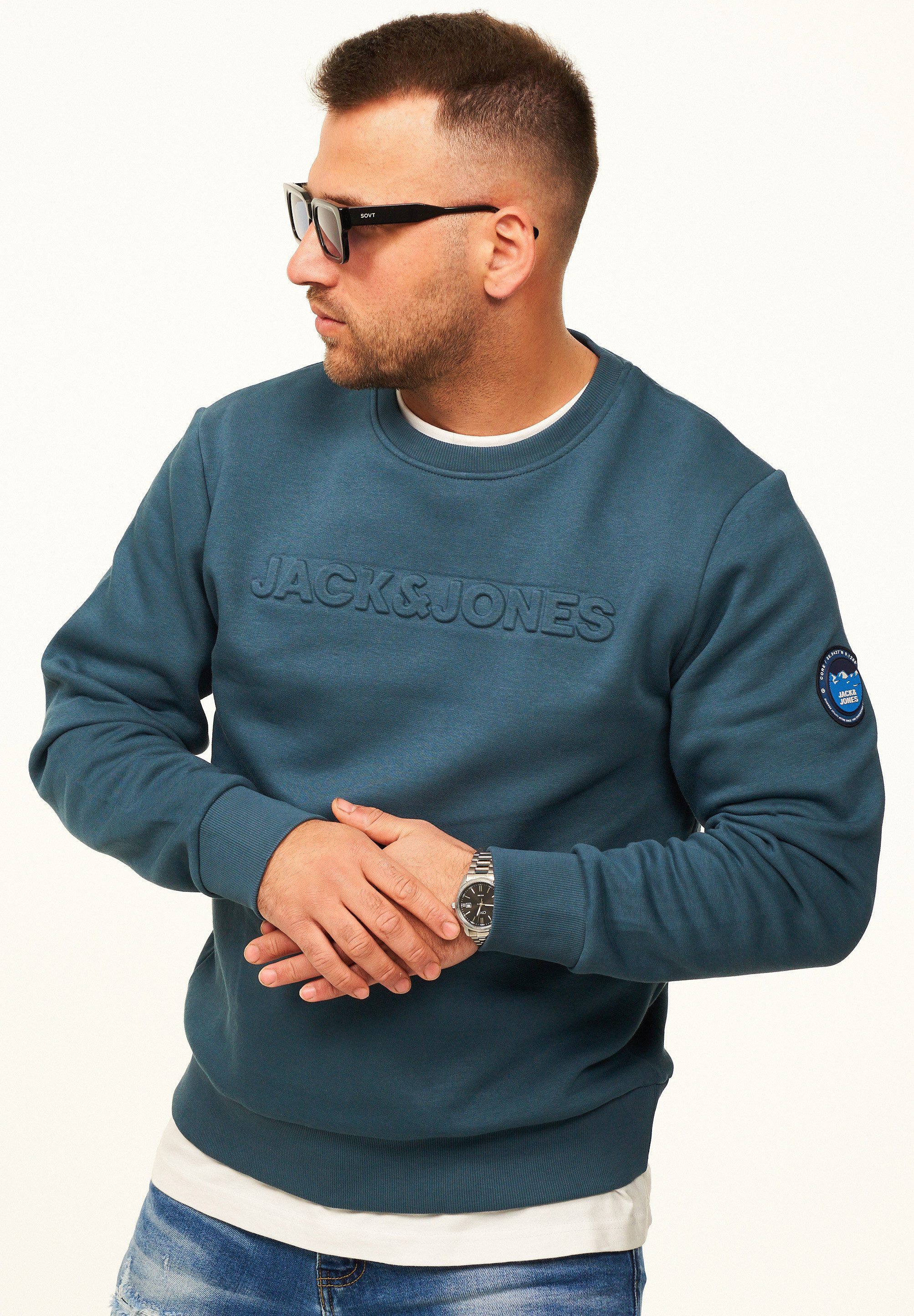 Jack & Jones Sweatshirt Pullover - Rundhalspullover mit Crew-Neck im Regular Fit für Herren Männer Sweatpullover mit Logo & Patch aus Baumwollmischung