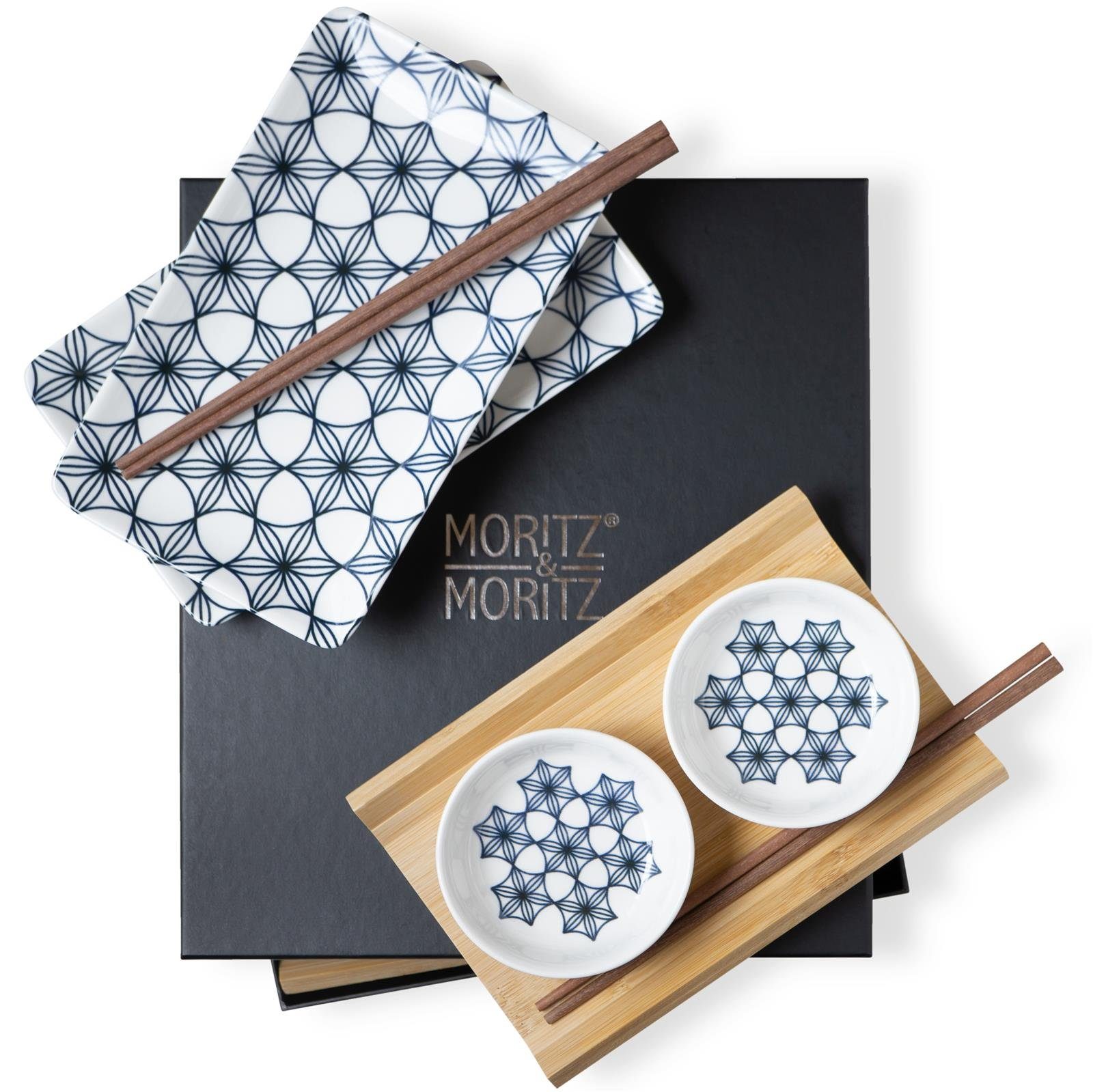 Moritz & Moritz Tafelservice Moritz & Moritz Gourmet - Sushi Set 10 teilig Blaue Blumen (8-tlg), 2 Personen, Porzellan, Geschirrset für 2 Personen