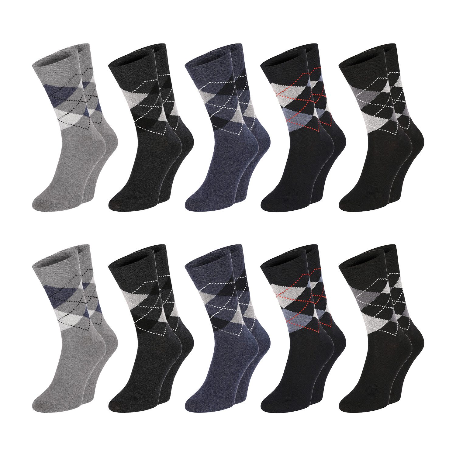 Chili Lifestyle Basicsocken KARO Baumwollsocken Damen Herren Langsocken schwarz grau blau (Multipack, 10-Paar, 5 Farbdesigns) Weichbund ohne Gummidruck